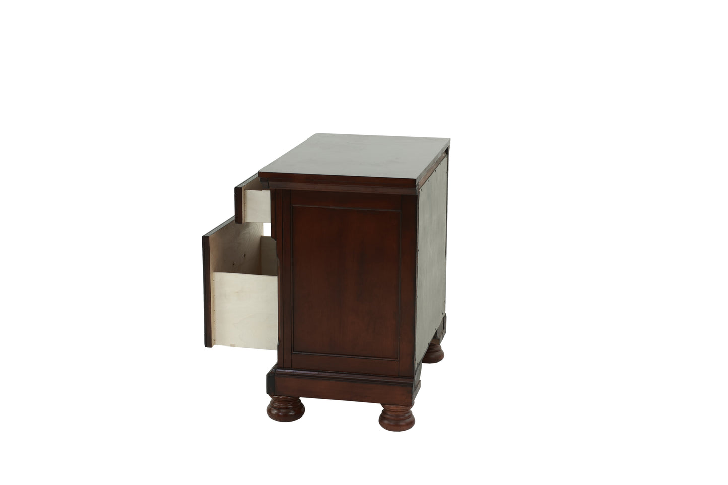 Dark cherry wood nightstand with one drawer pulled open revealing its interior storage space