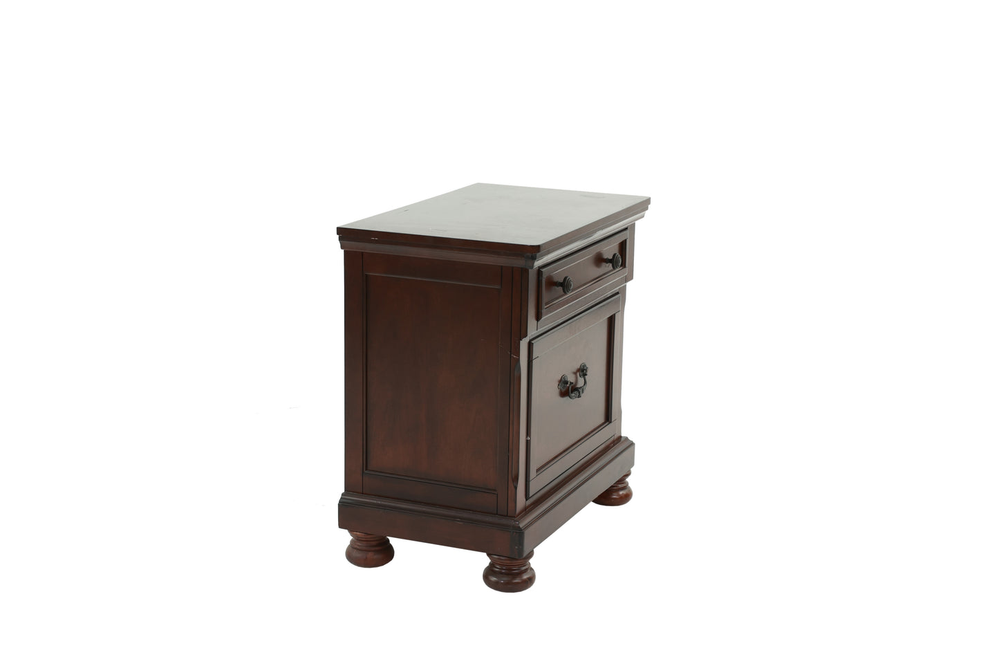 Dark brown wood nightstand with one drawer and one cabinet