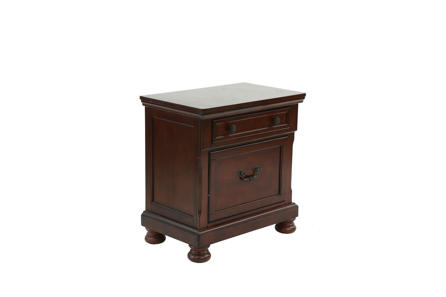 Dark brown wooden nightstand with ornate drawer pull and two small drawers