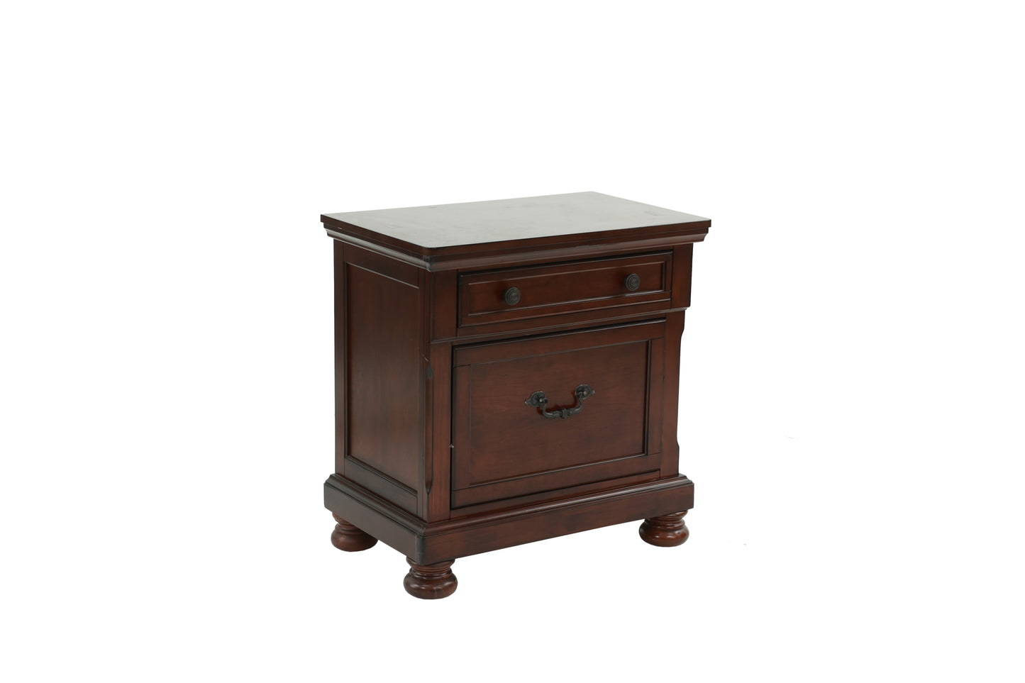 Dark wood nightstand with one drawer and ornate hardware perfect for bedroom storage