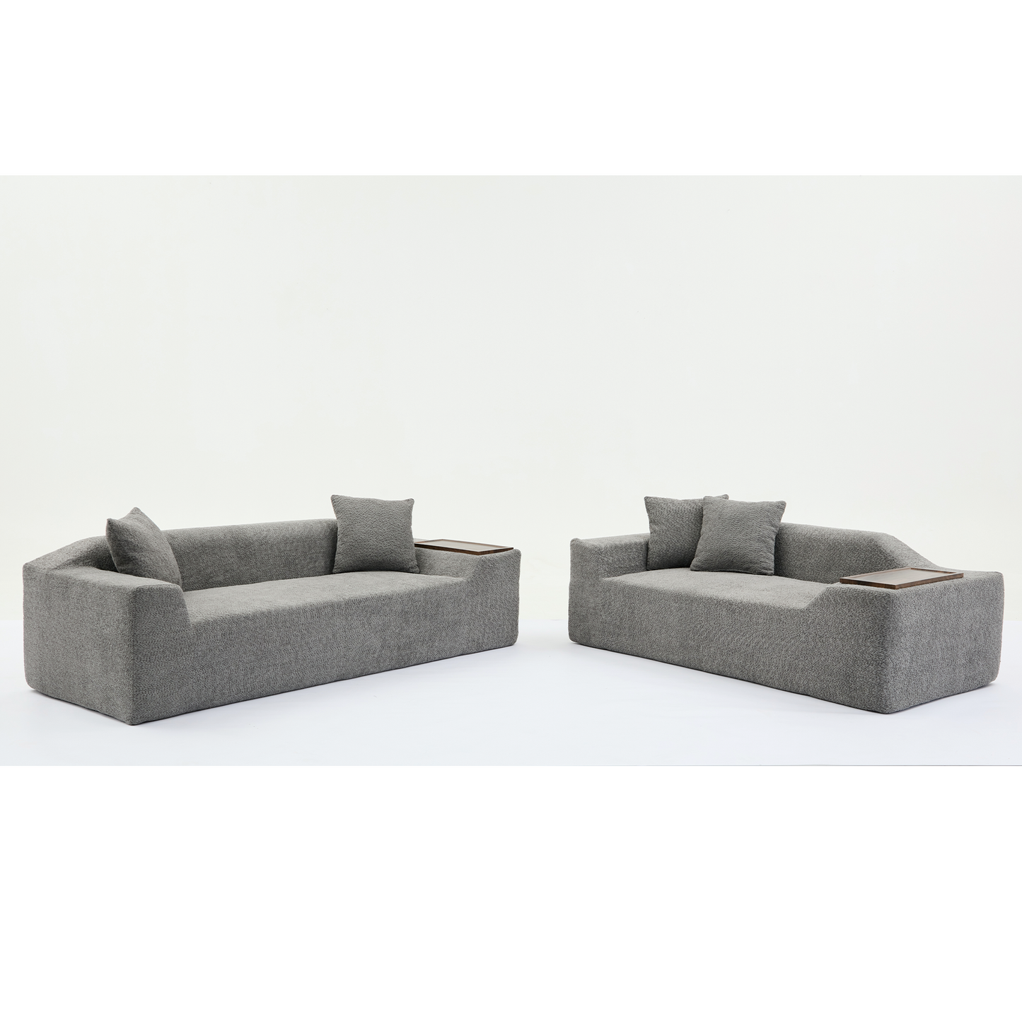 Modern grey fabric modular sofa with builtin wooden side table
