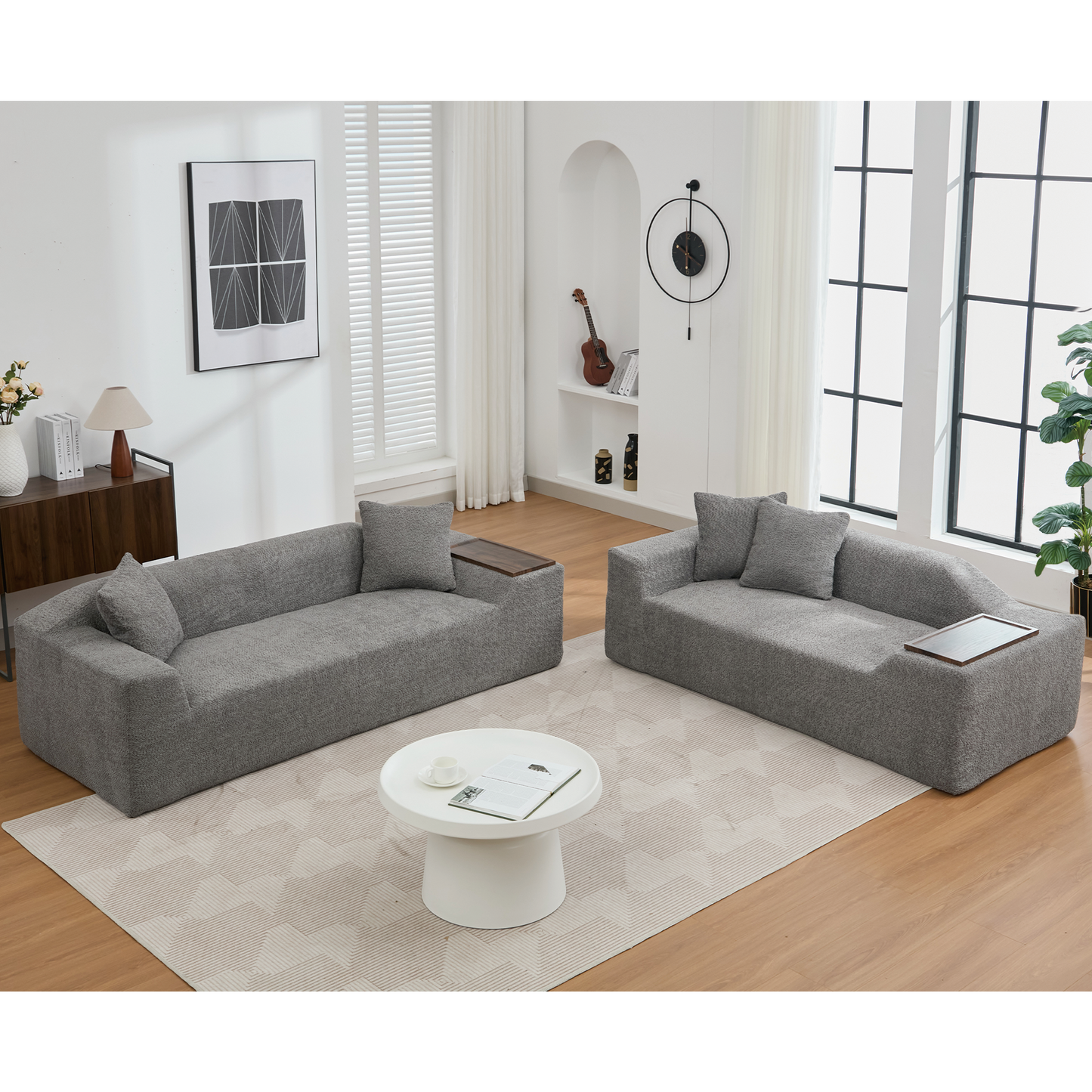 Modern grey fabric modular sofa with armrest trays and cushions