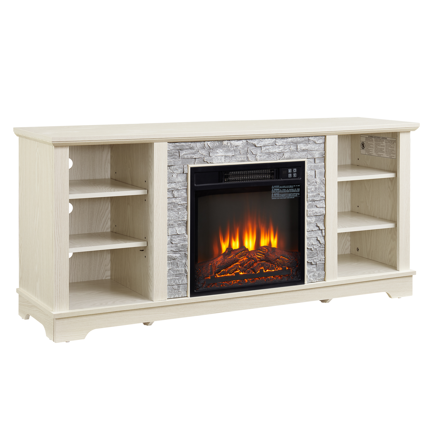 Light oak entertainment center with a faux stone fireplace insert offering ample shelf space for media storage