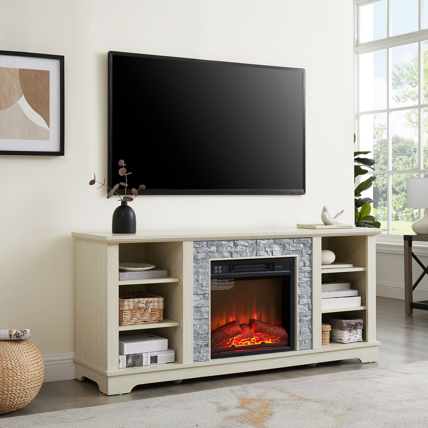 Light oak media console with faux stone fireplace and storage shelves for living room