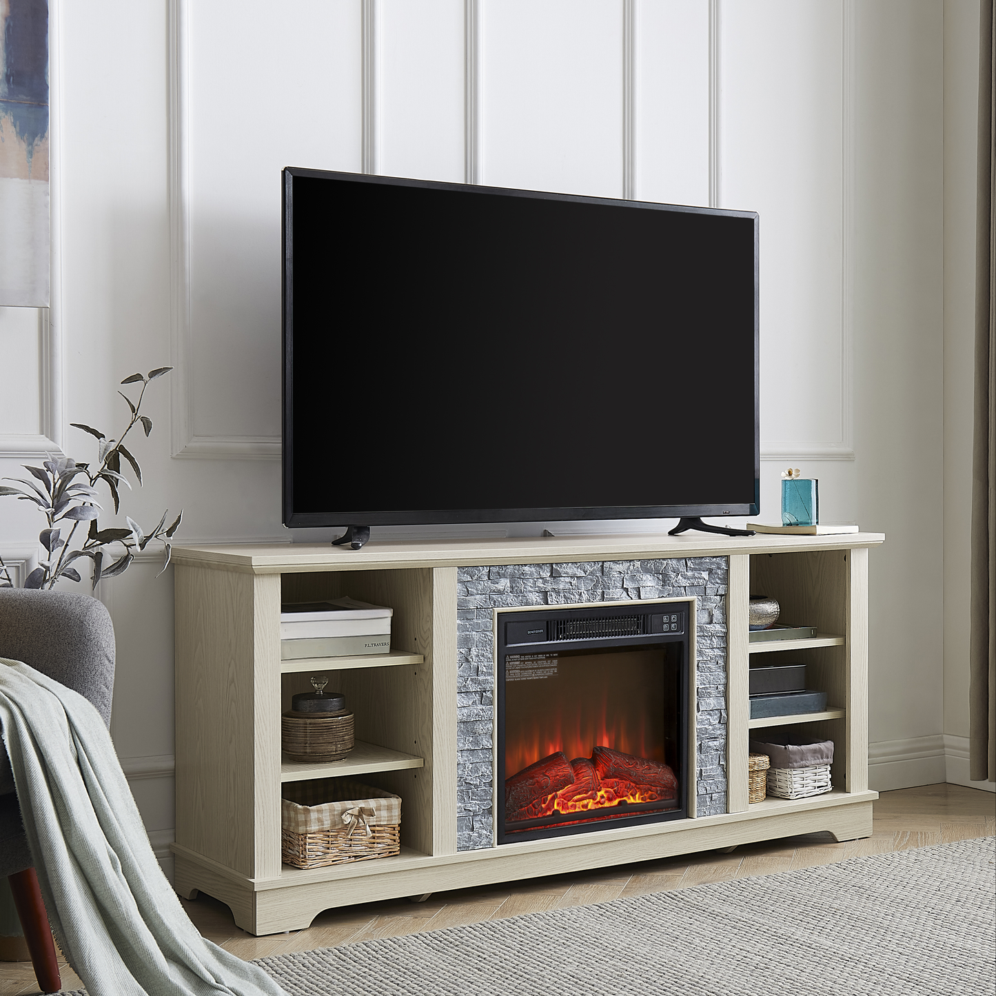 Light oak TV stand with electric fireplace and stone surround inches wide