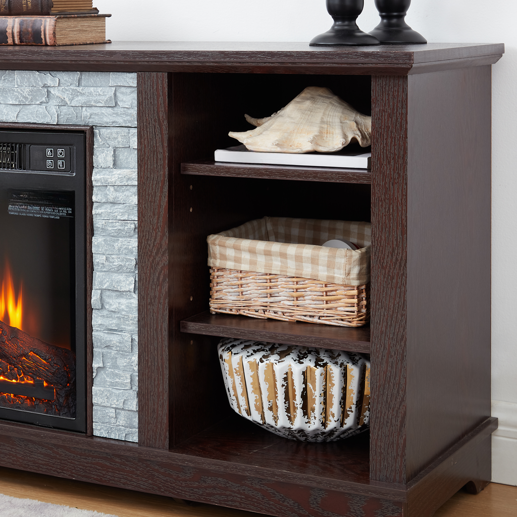 Dark wood electric fireplace with faux stone surround and open shelving