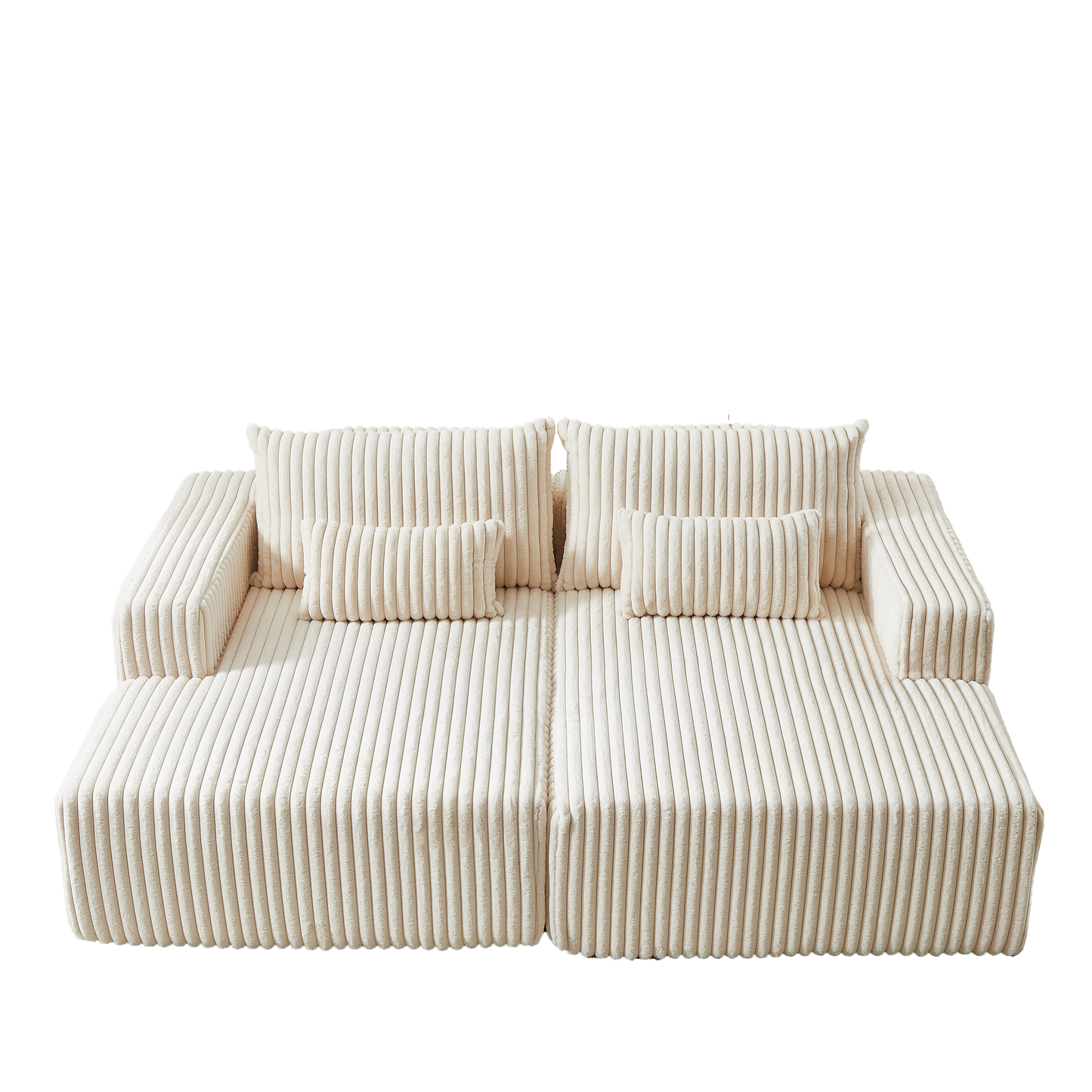 Plush cream corduroy sectional sofa with ribbed detailing and matching throw pillows