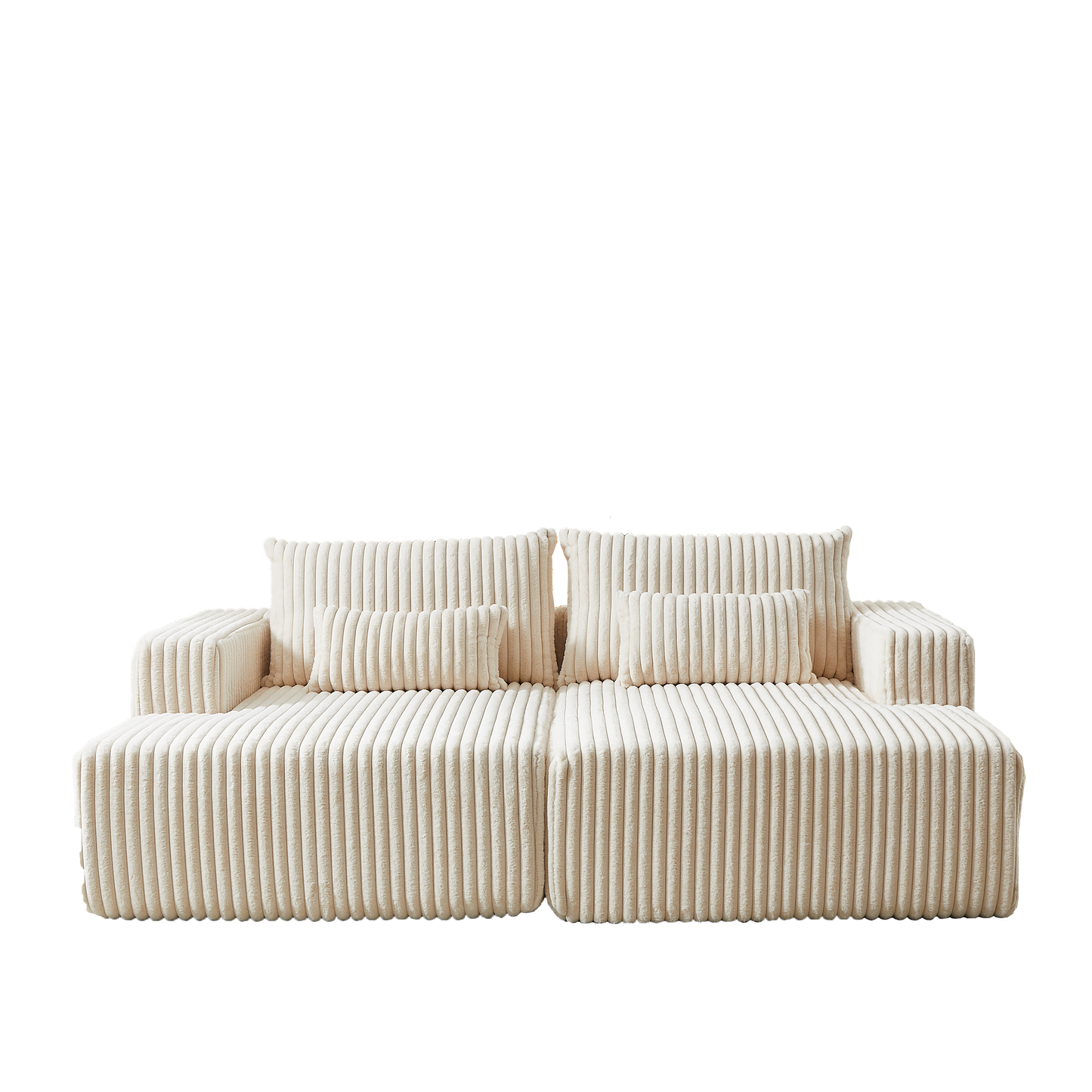Cream corduroy modular sectional sofa with plush deep seating and matching throw pillows