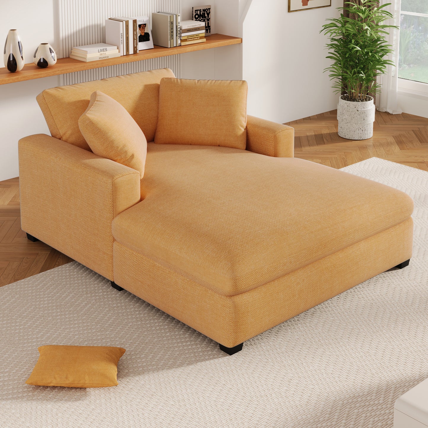 Contemporary orange linen chaise lounge with plush cushions and dark legs