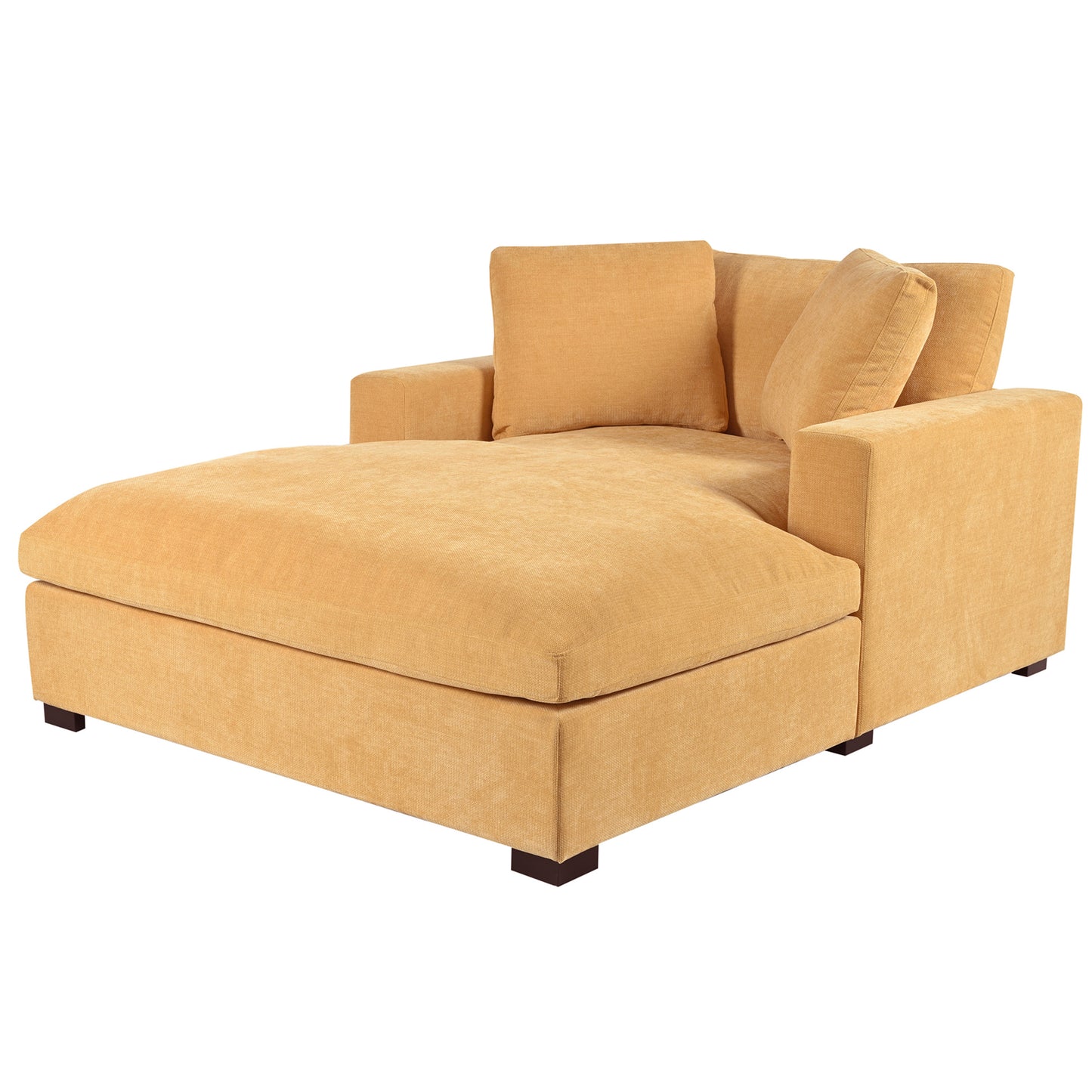 Comfortable yellow fabric chaise lounge with plush back cushions and dark wooden legs