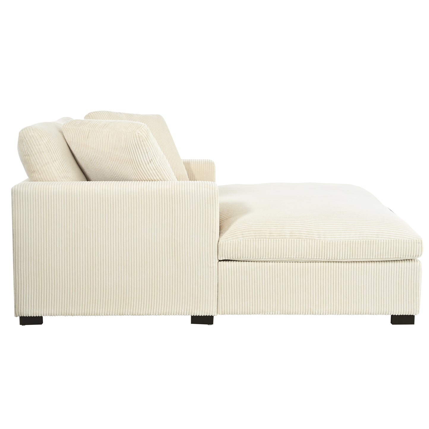 Cream corduroy chaise lounge sofa with plush cushions and dark legs