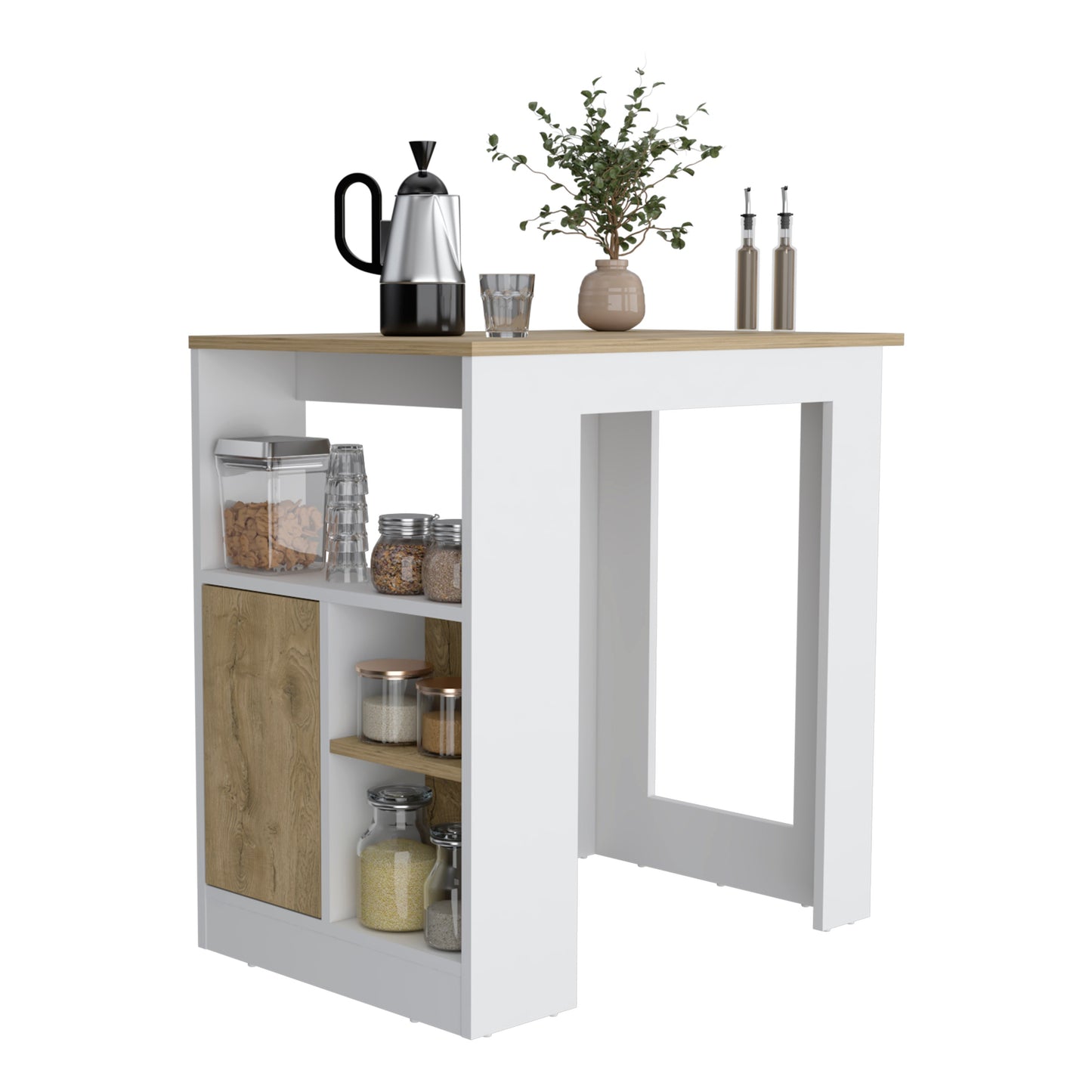 White and wood grain kitchen island with storage shelves