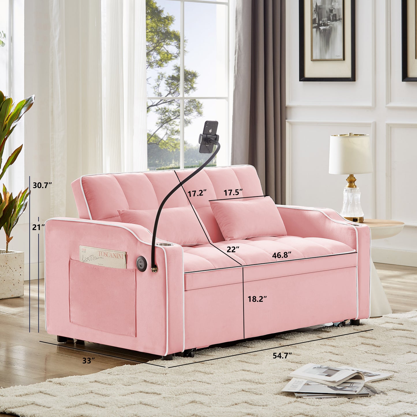 Pink velvet sleeper sofa with tufted cushions cupholders and side pocket