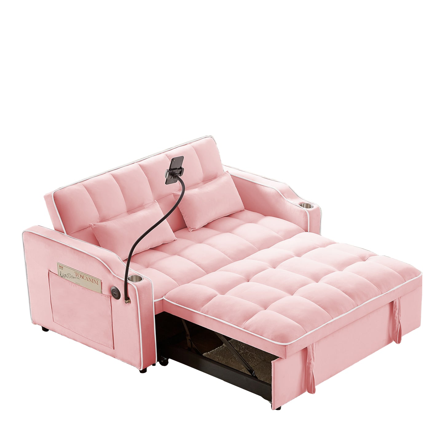 Pink velvet sofa bed with tufted cushions cupholders and phone mount