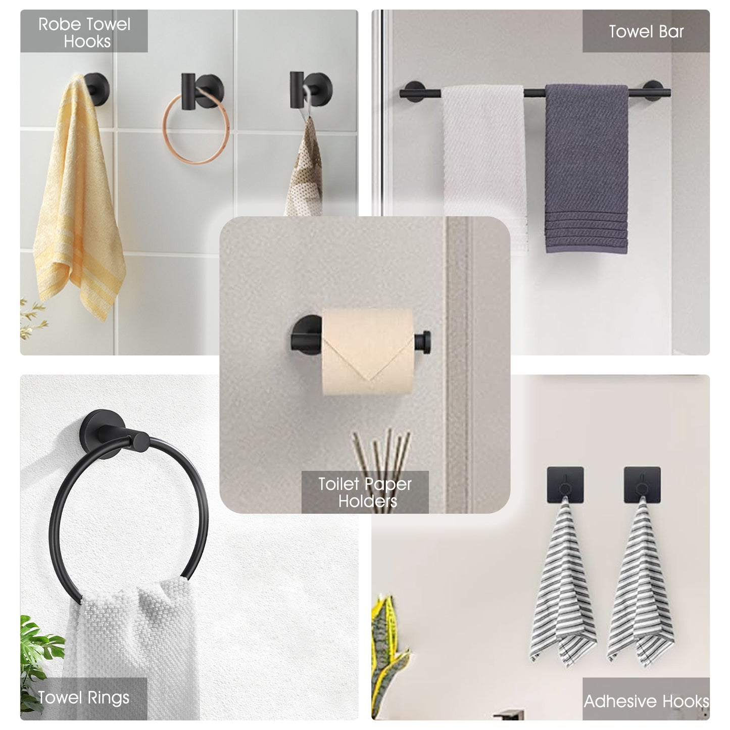 Matte black robe towel hook with yellow striped towel