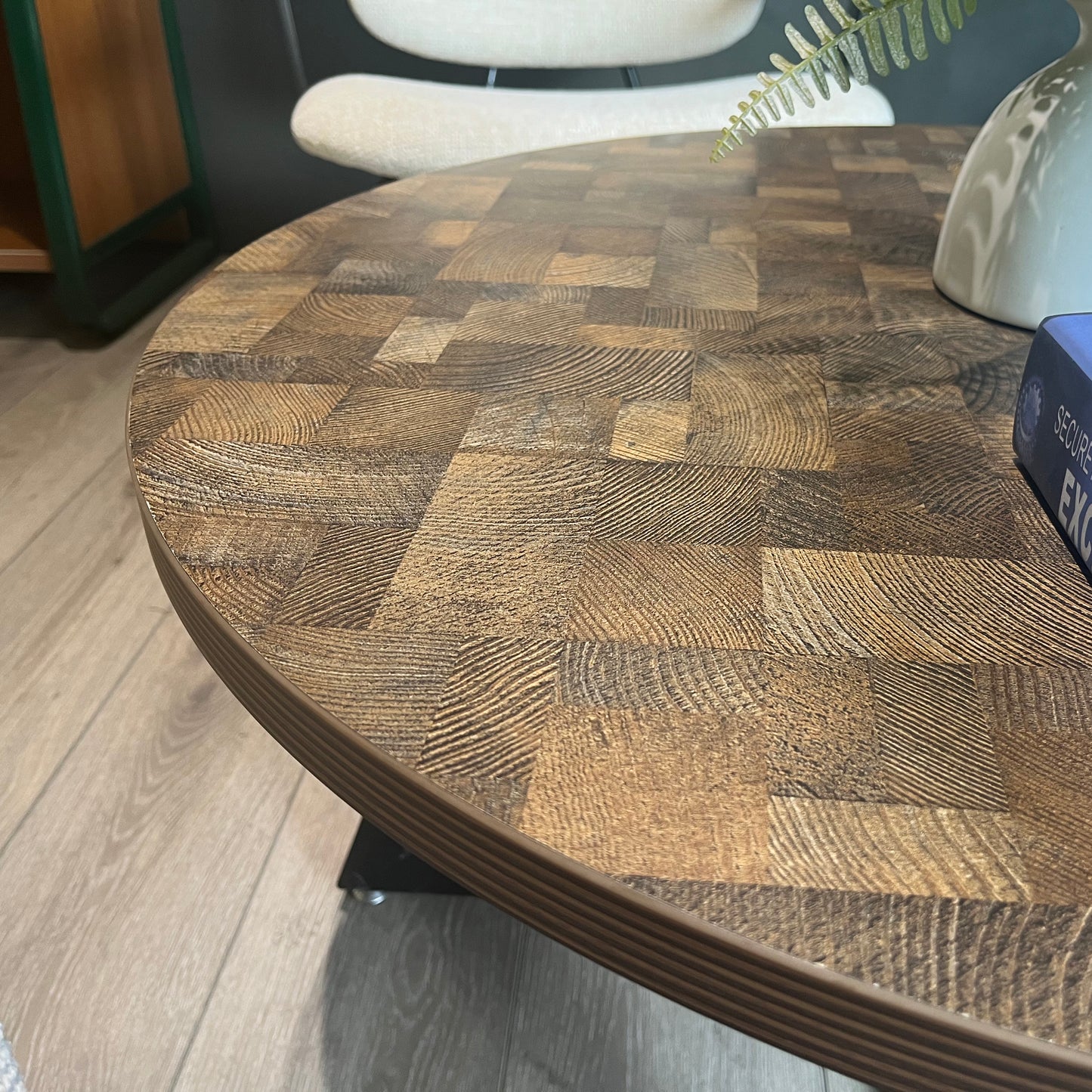 Round wooden mosaic coffee table with endgrain wood block pattern
