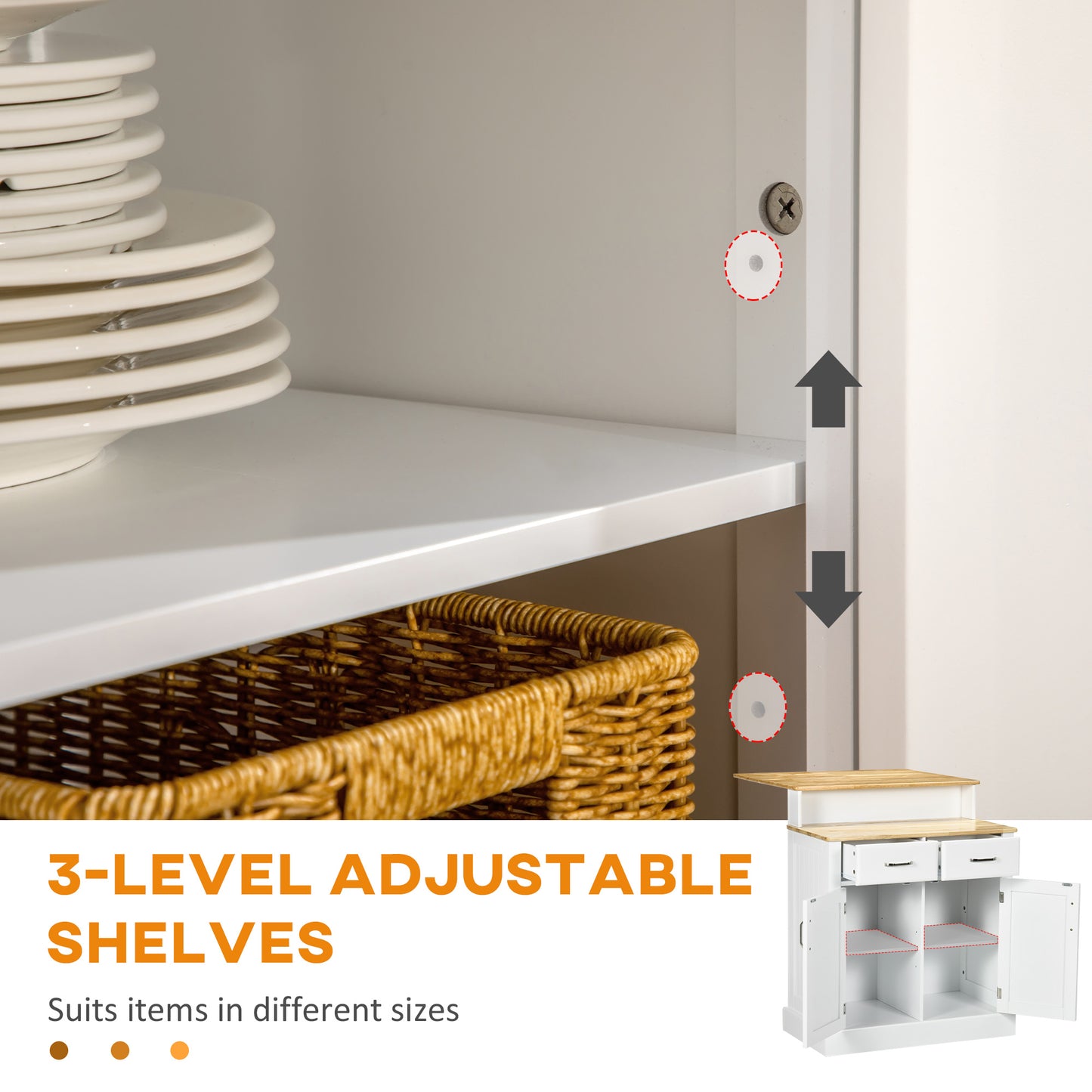 White kitchen cart with level adjustable shelves