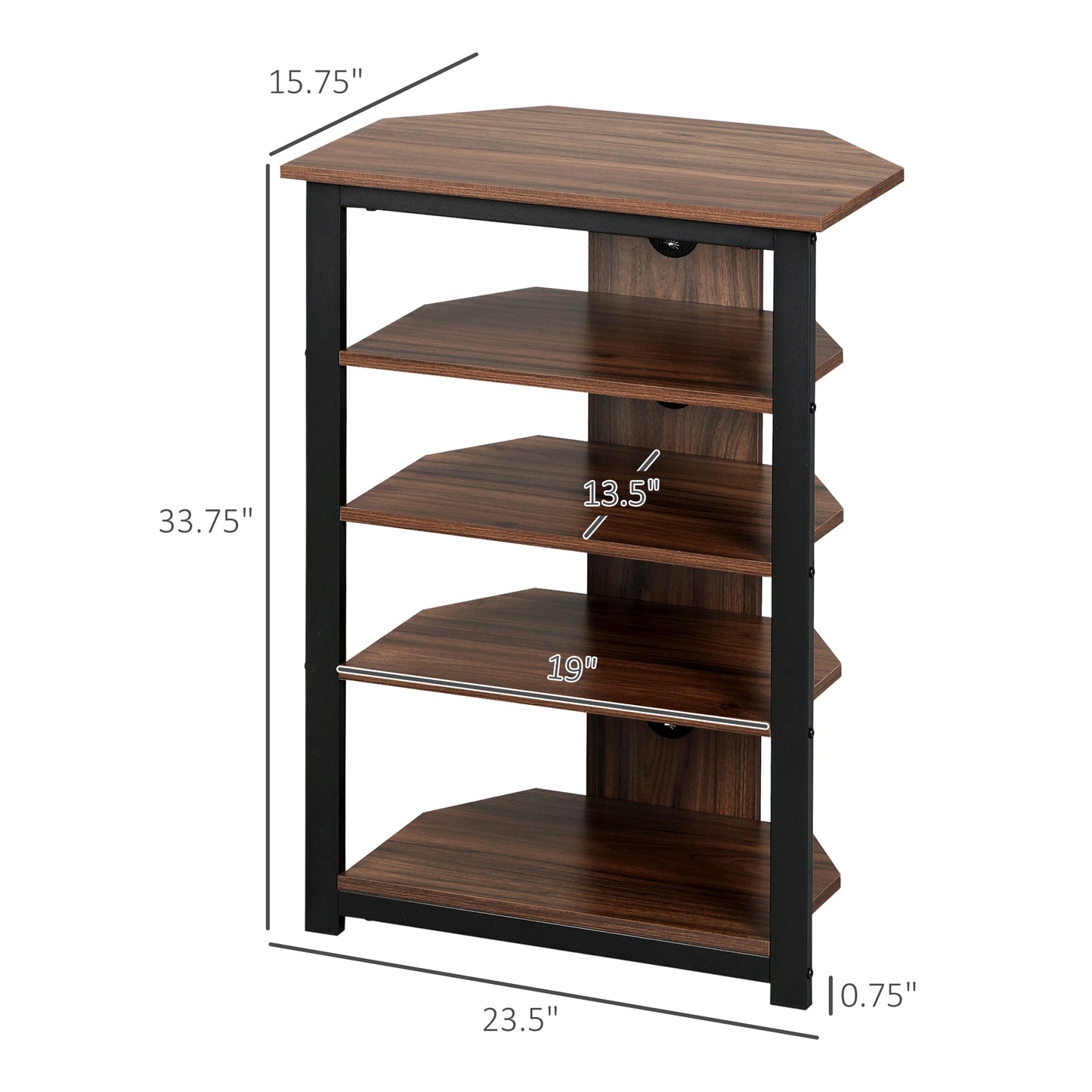 Dark wood corner shelf unit with five tiers and black metal frame ideal for media storage