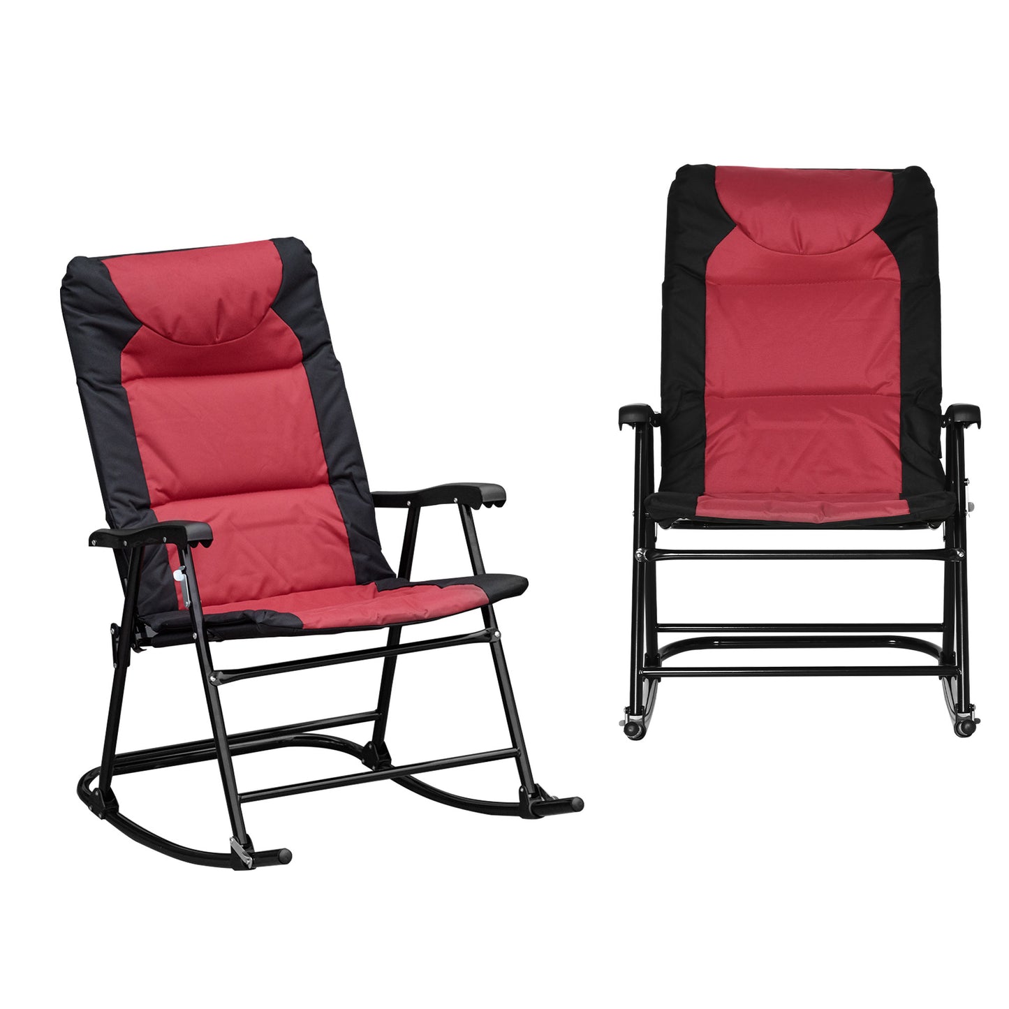 Red and black padded rocking chair with black metal frame