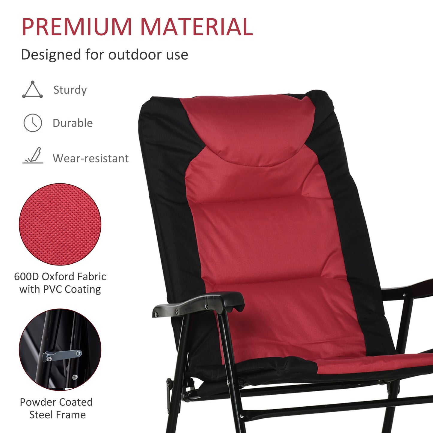 Red and black padded outdoor chair with powder coated steel frame