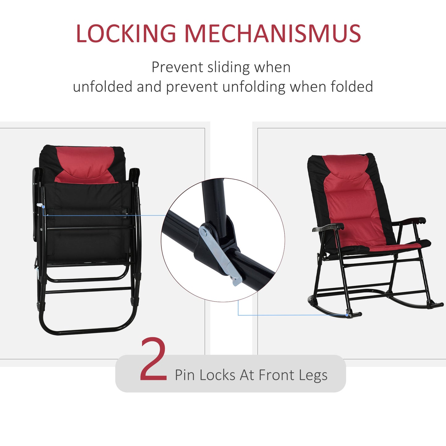 Red and black fabric rocking chair in folded position with visible metal frame