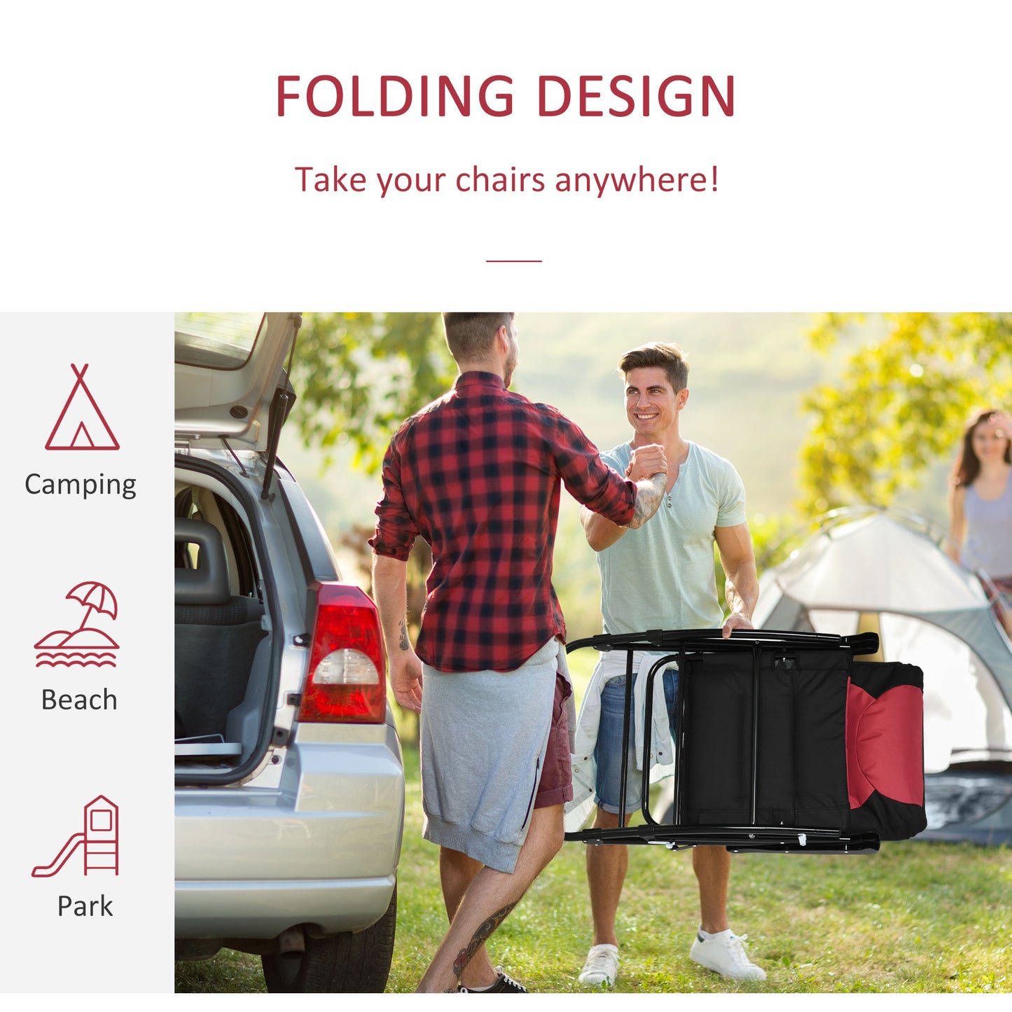 Two men carrying a folded black and red camping chair from a car