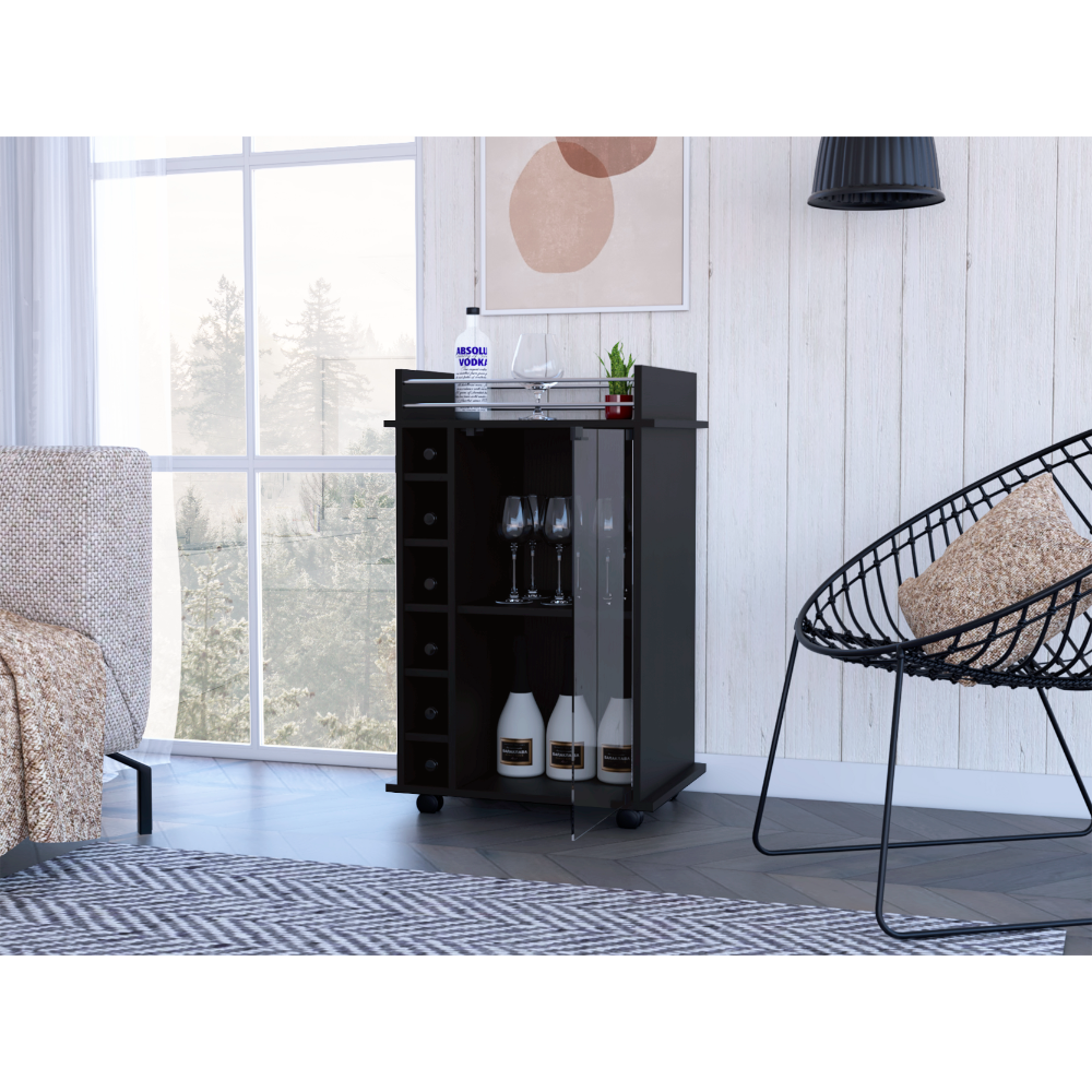 Compact black bar cart with wine rack and glass cabinet door