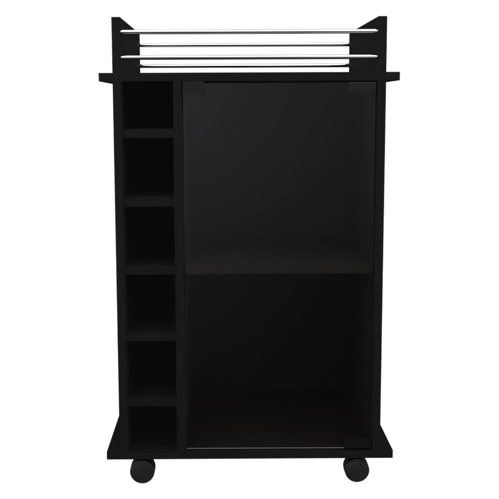 Black modern bar cart with wine rack and wheels