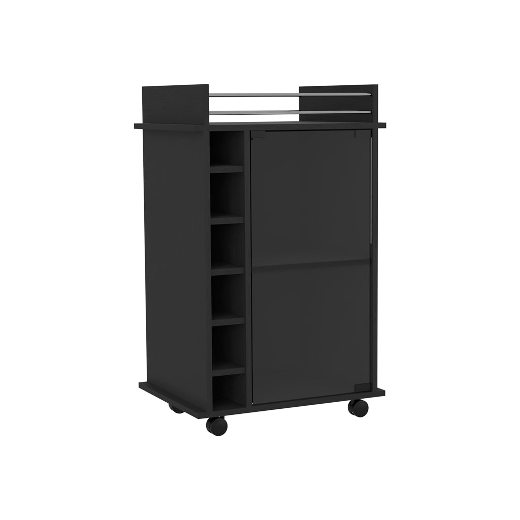 Black rolling bar cart with wine rack and cabinet doors