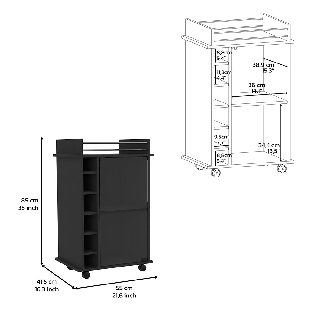 Black kitchen cart with wine rack and wheels