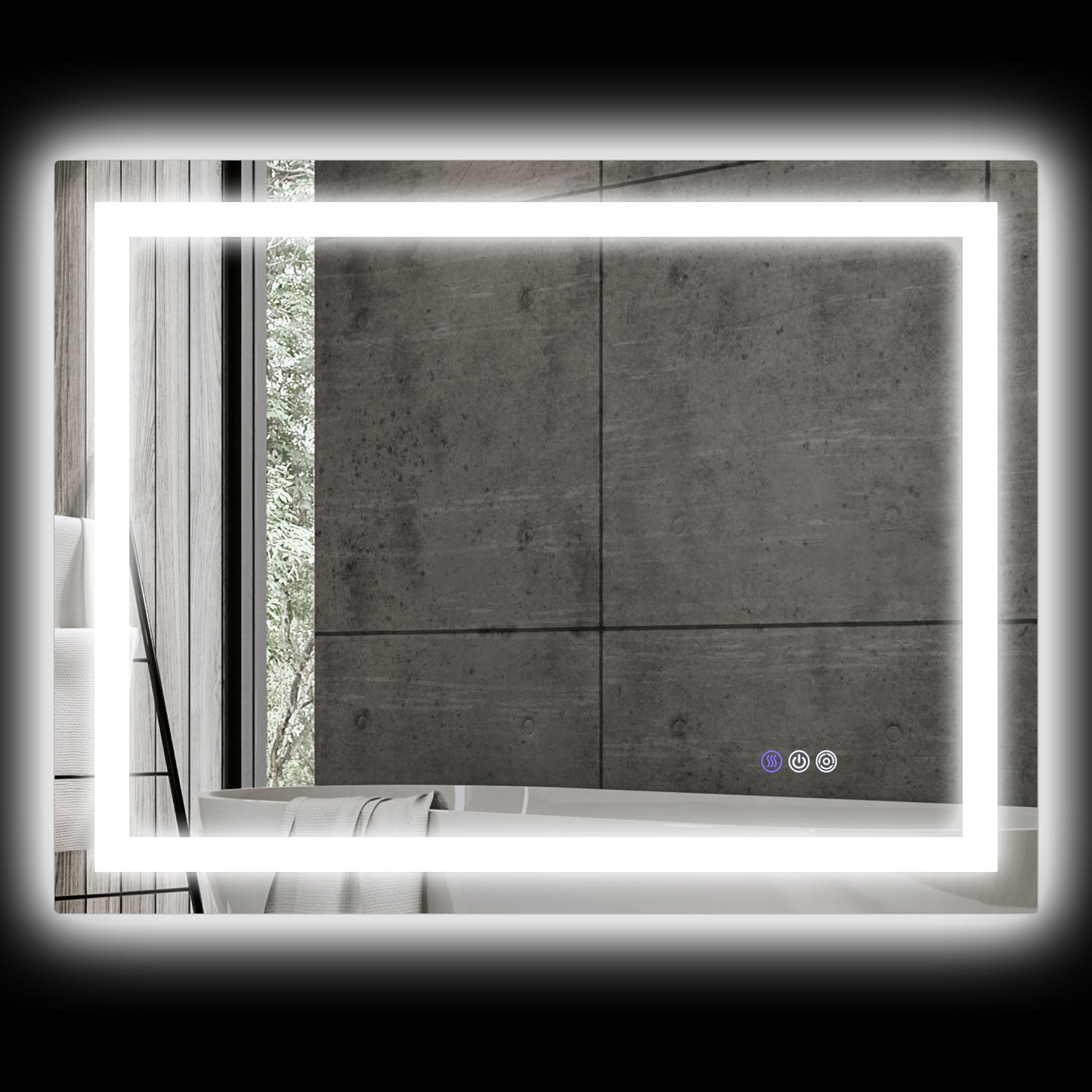 Modern rectangular bathroom mirror with integrated LED lighting and touch controls