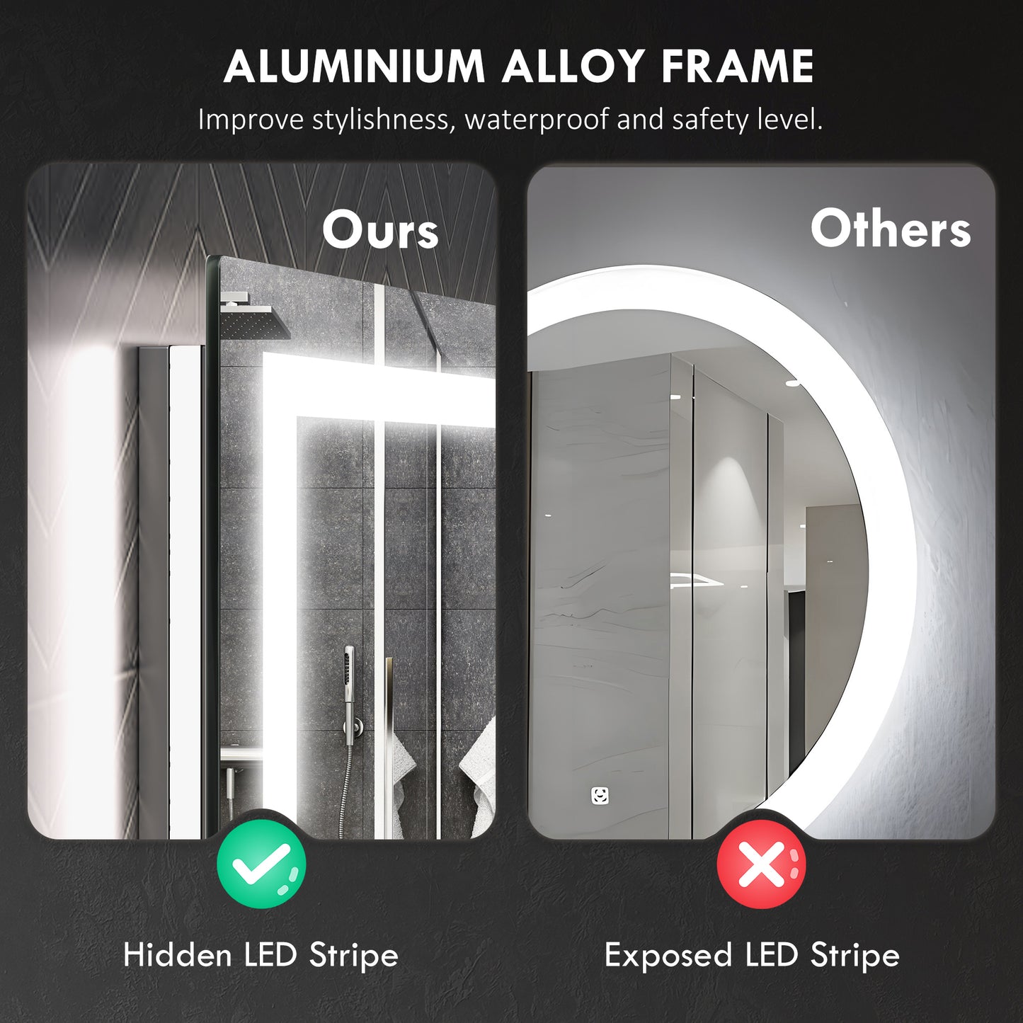 Rectangular bathroom mirror with integrated hidden LED lighting and sleek aluminium frame