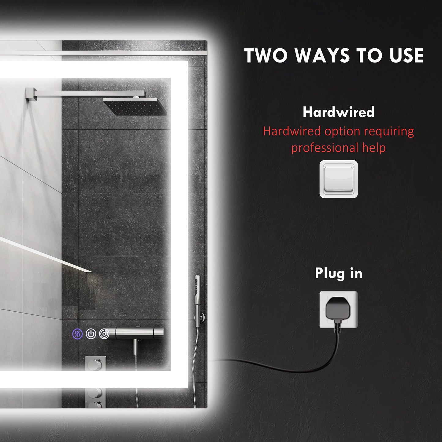 Modern backlit bathroom mirror with integrated shower controls and sleek chrome fixtures