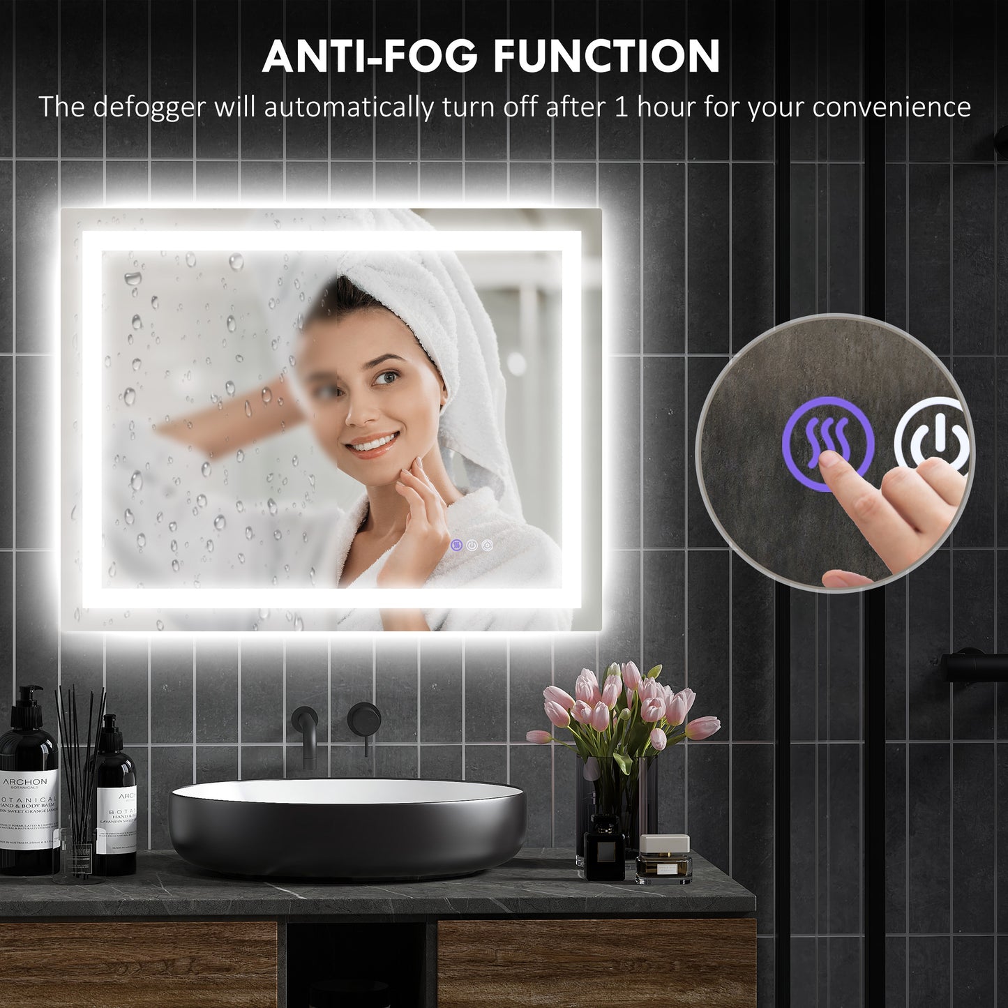 Modern backlit bathroom mirror with antifog function