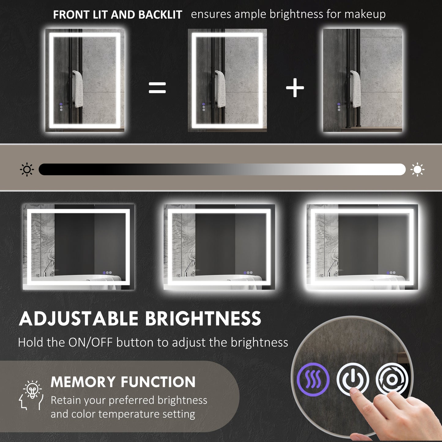 Rectangular LED makeup mirror with front and back lighting for optimal brightness