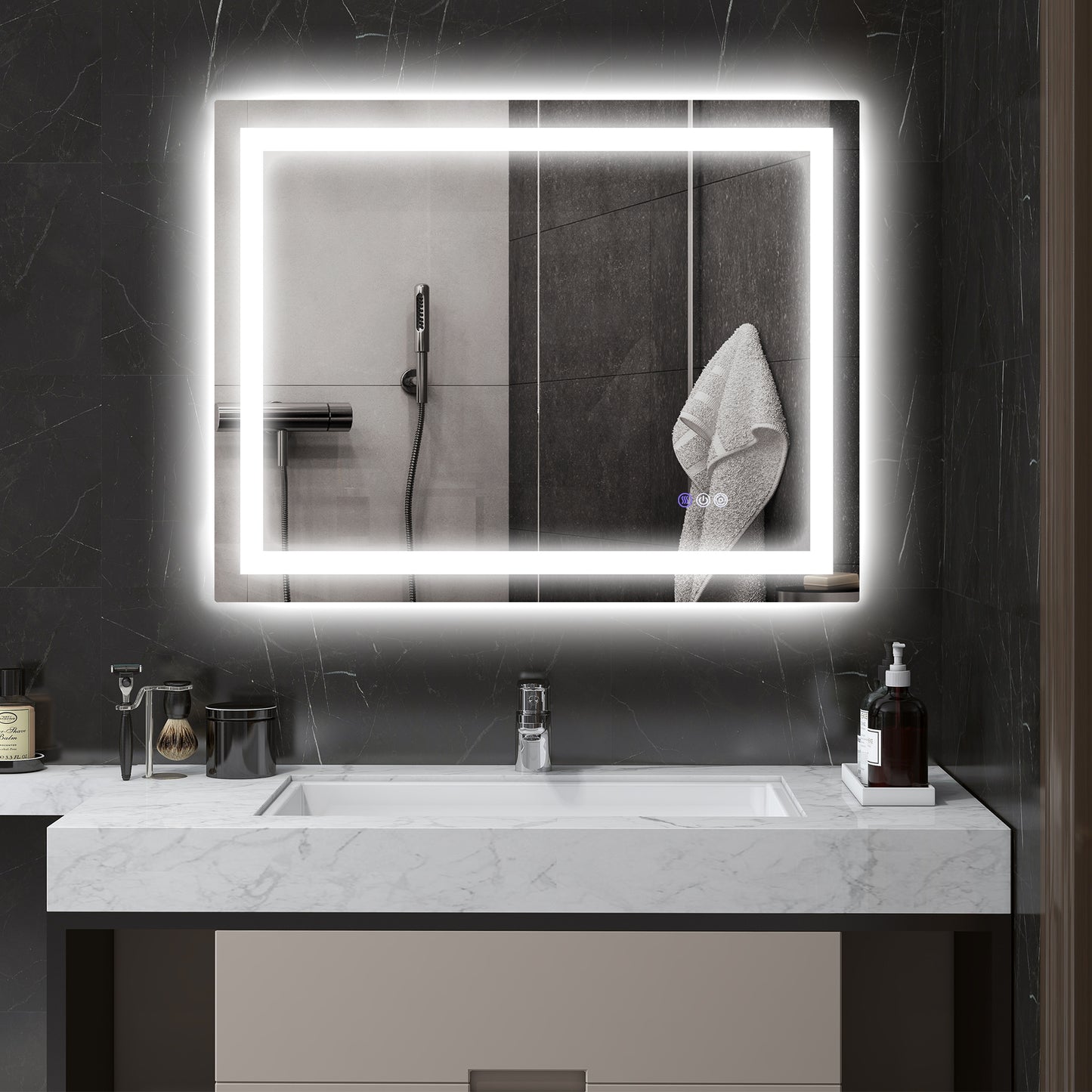 Modern LED bathroom mirror with integrated defogger and touch controls