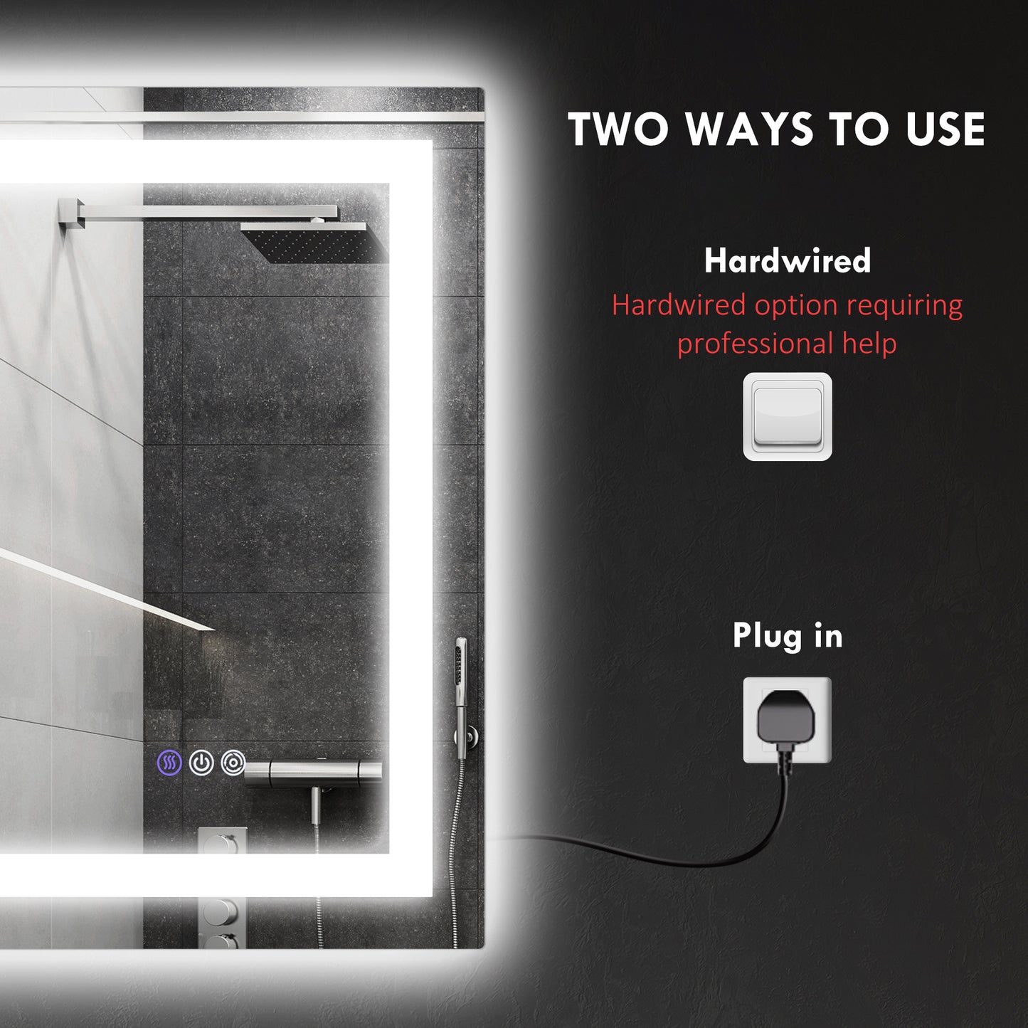 Backlit bathroom mirror with integrated LED lighting and touch controls