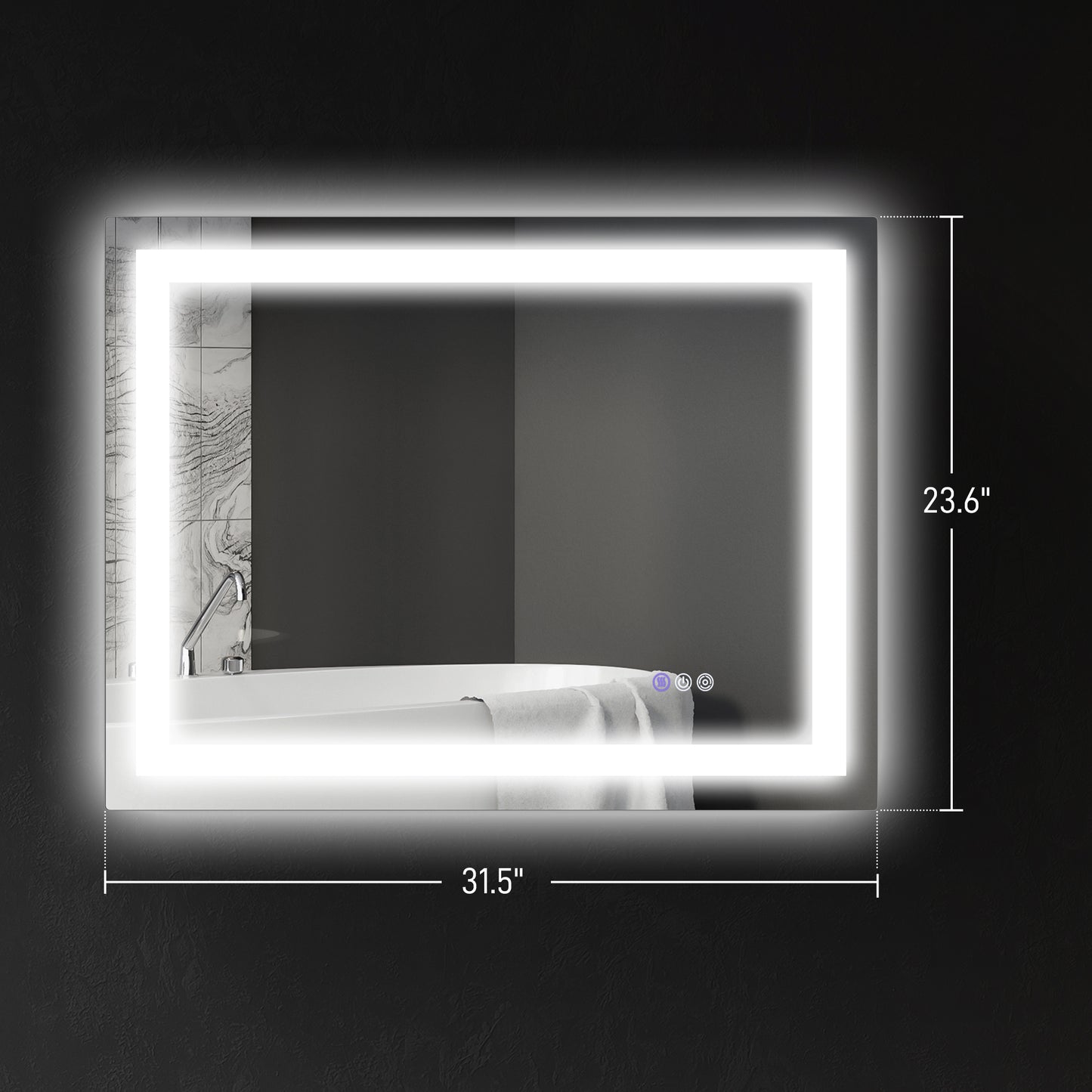 Rectangular backlit bathroom mirror with touch controls and antifog function