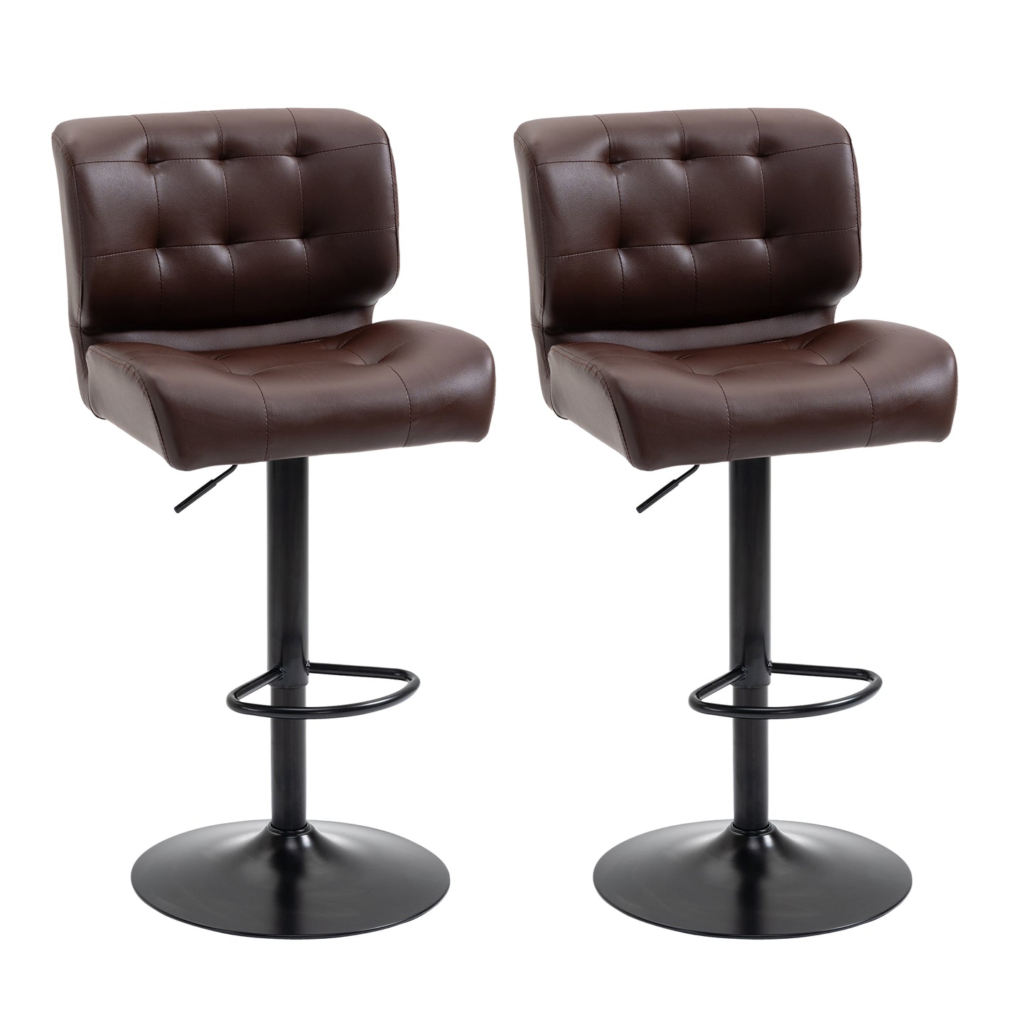 Tufted brown faux leather bar stools with adjustable height and chrome footrest