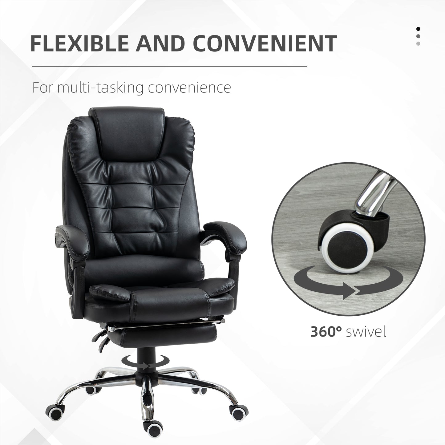 Black executive office chair with padded faux leather headrest and retractable footrest
