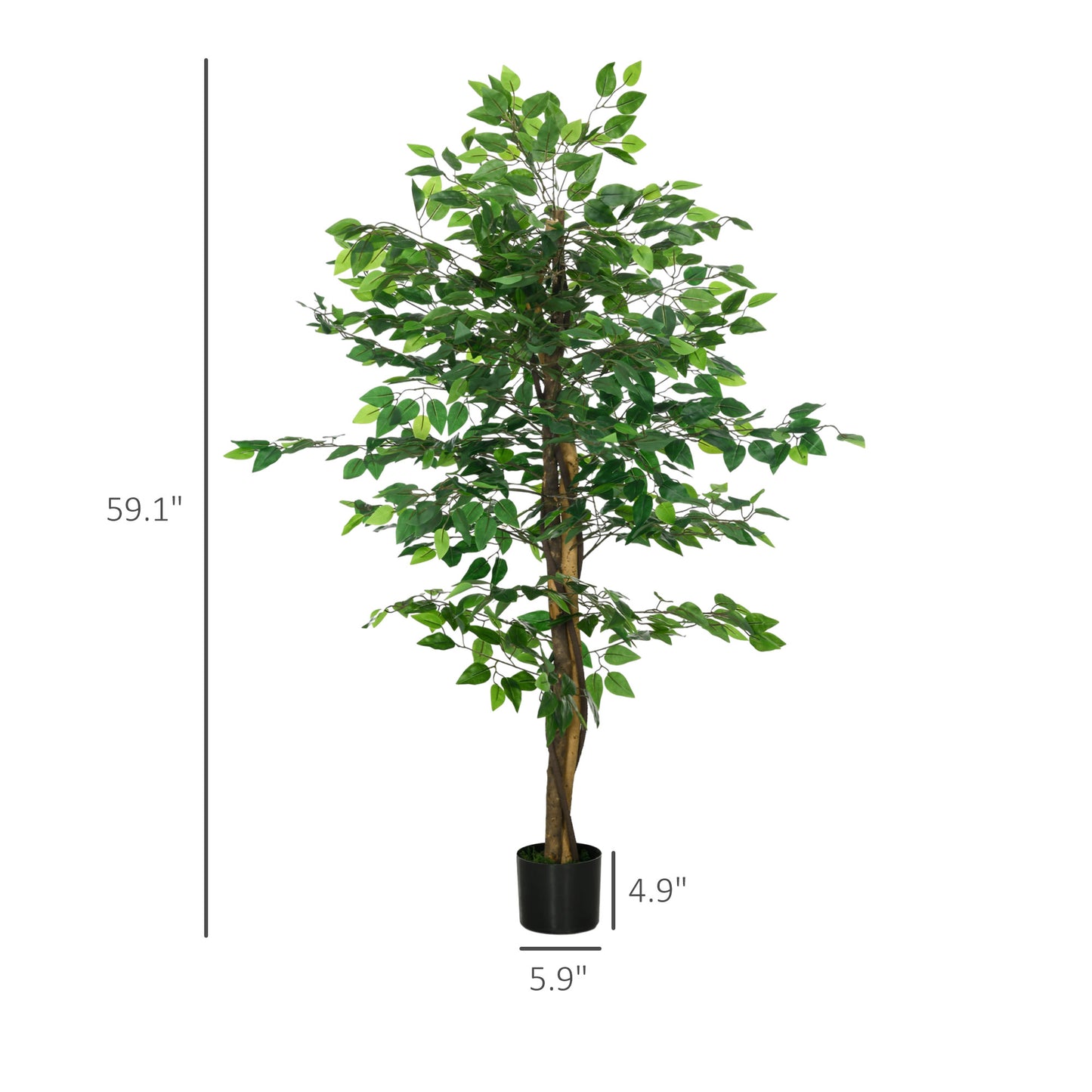 Tall artificial ficus tree with full green leaves and a twisted brown trunk in a black pot