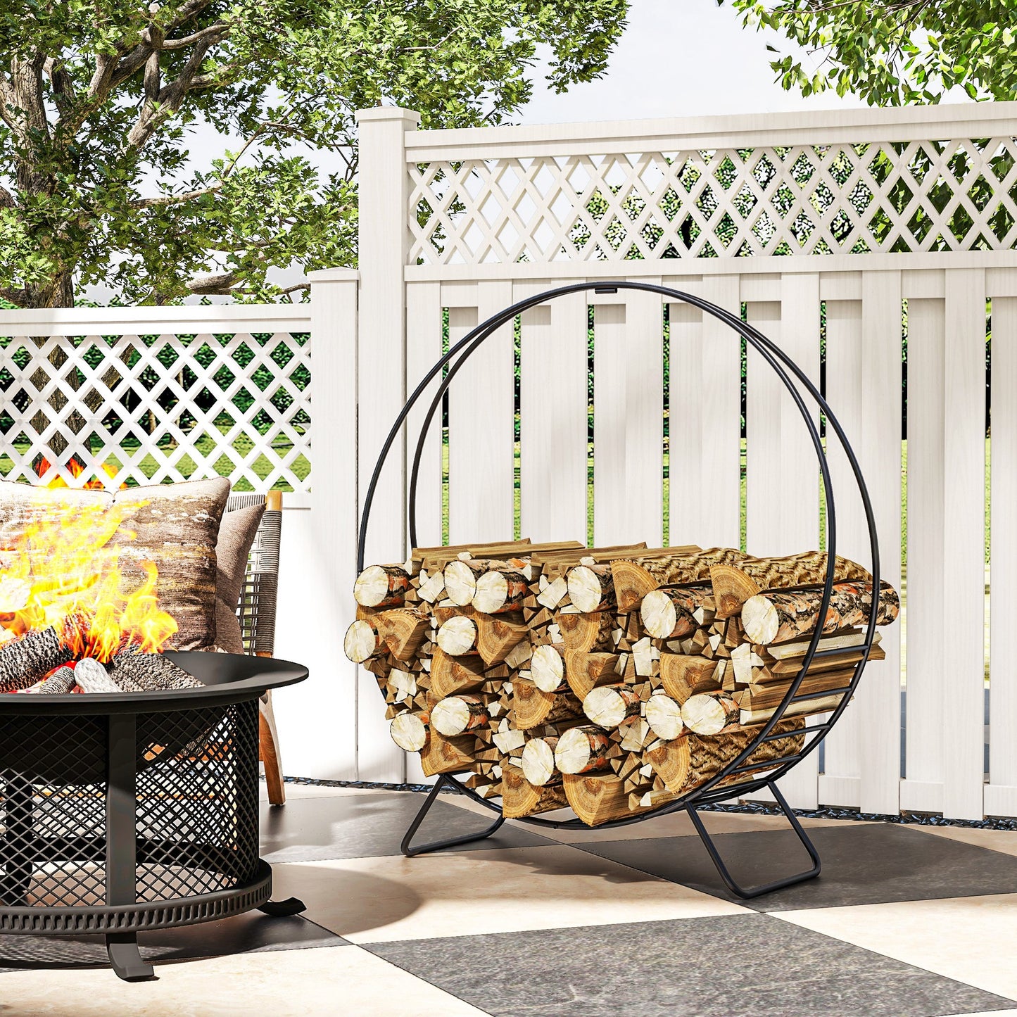 Modern black metal round firewood rack stylishly holding logs for outdoor use