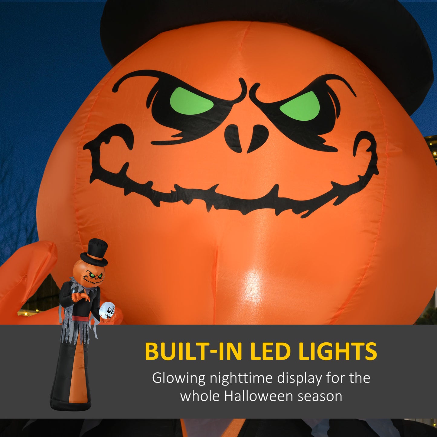 Giant inflatable orange pumpkin with a spooky face and black hat for Halloween
