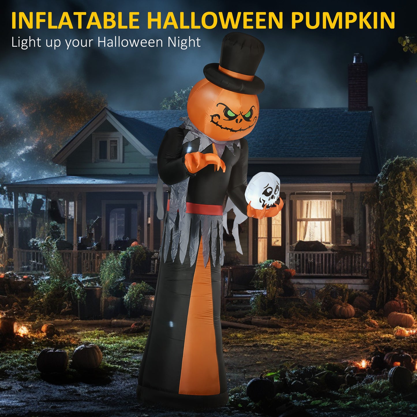 Scary inflatable pumpkin man with top hat and skull perfect for Halloween yard decoration