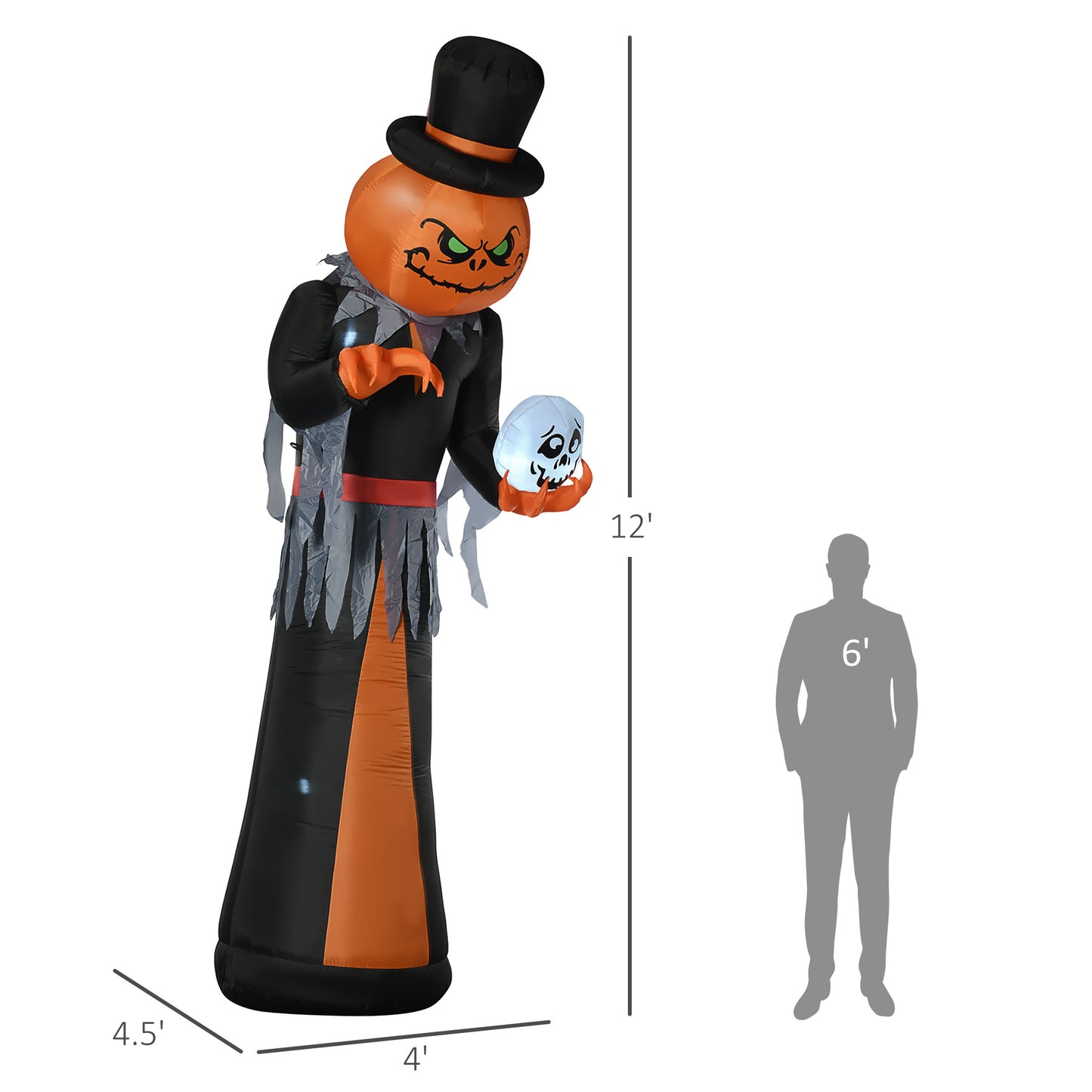 ft inflatable Jack O Lantern with top hat holding a skull perfect for Halloween lawn decor