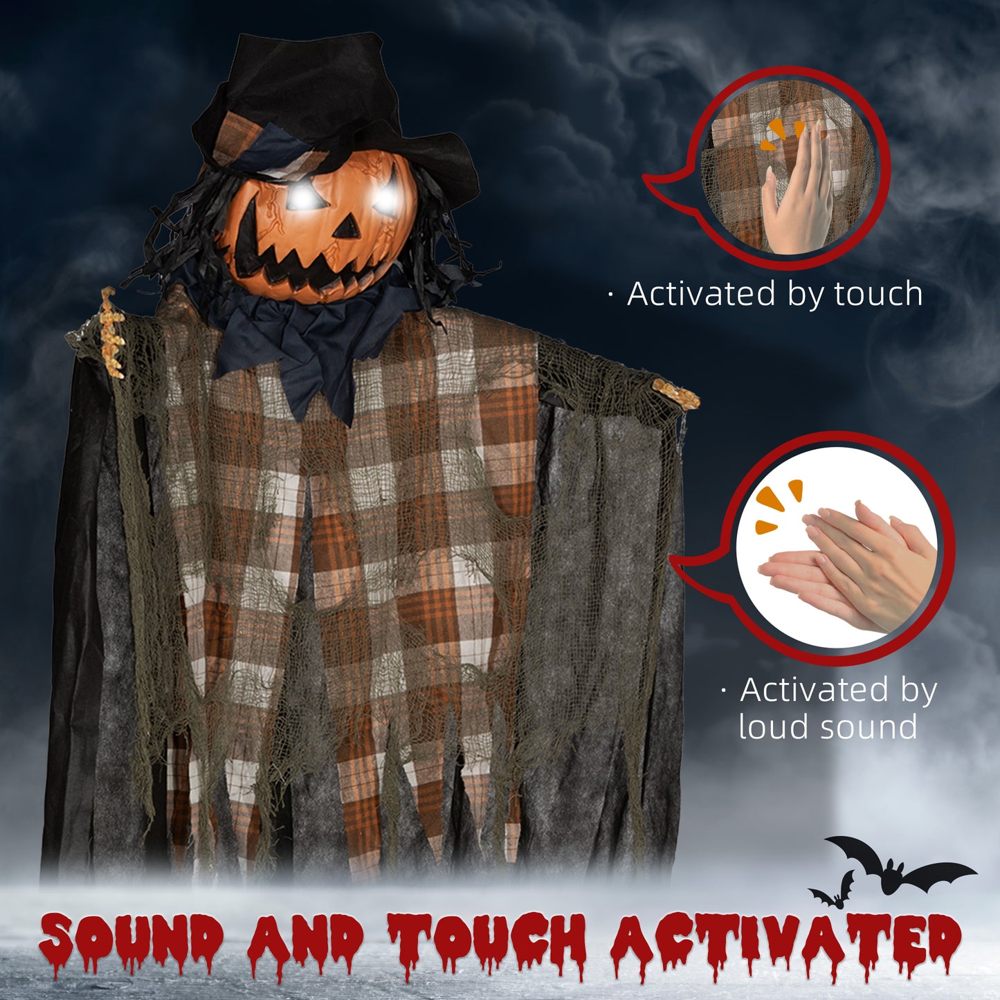 Scary pumpkin scarecrow with glowing eyes and checkered fabric Halloween decoration