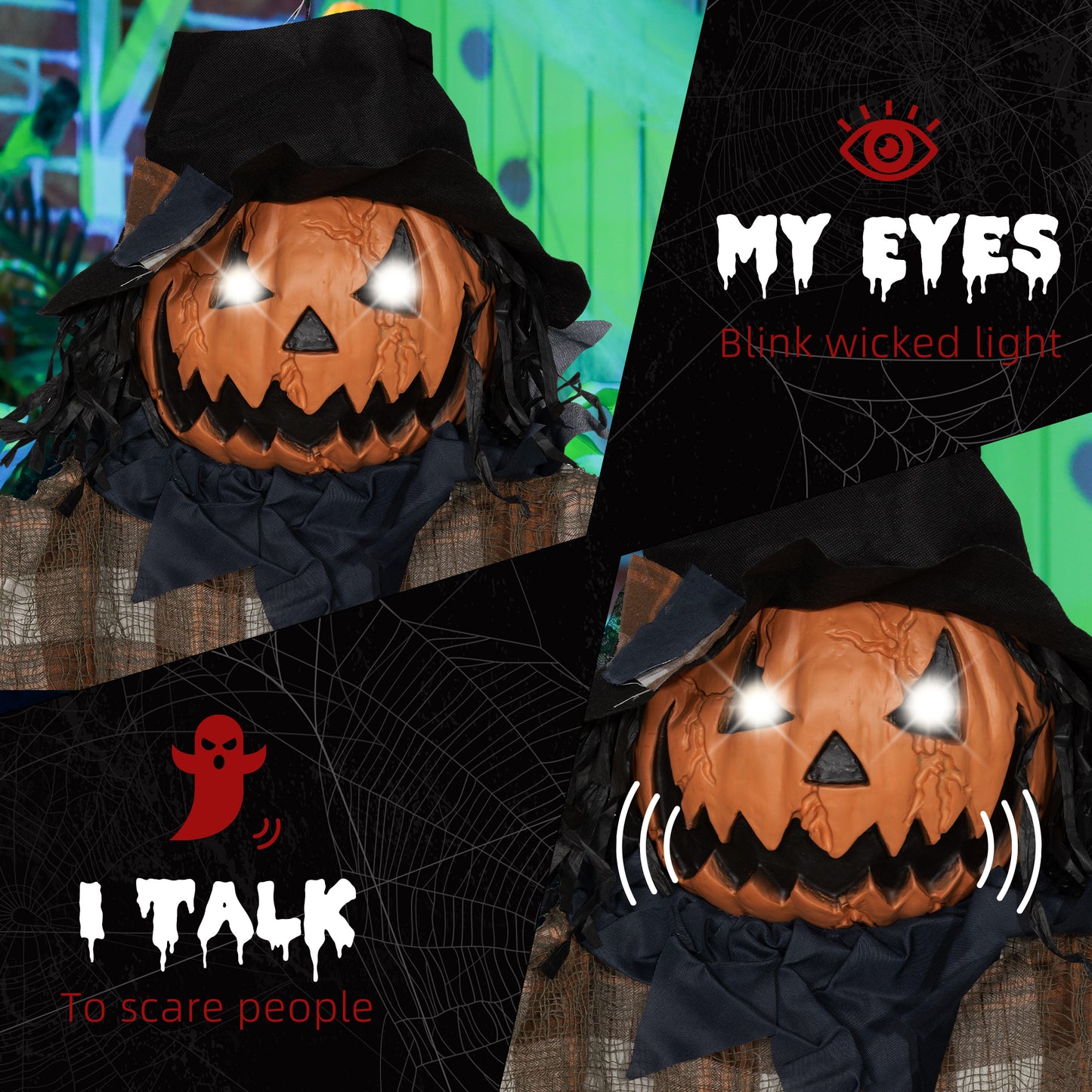 Scary jackolantern prop with blinking white eyes and black hat for Halloween decor