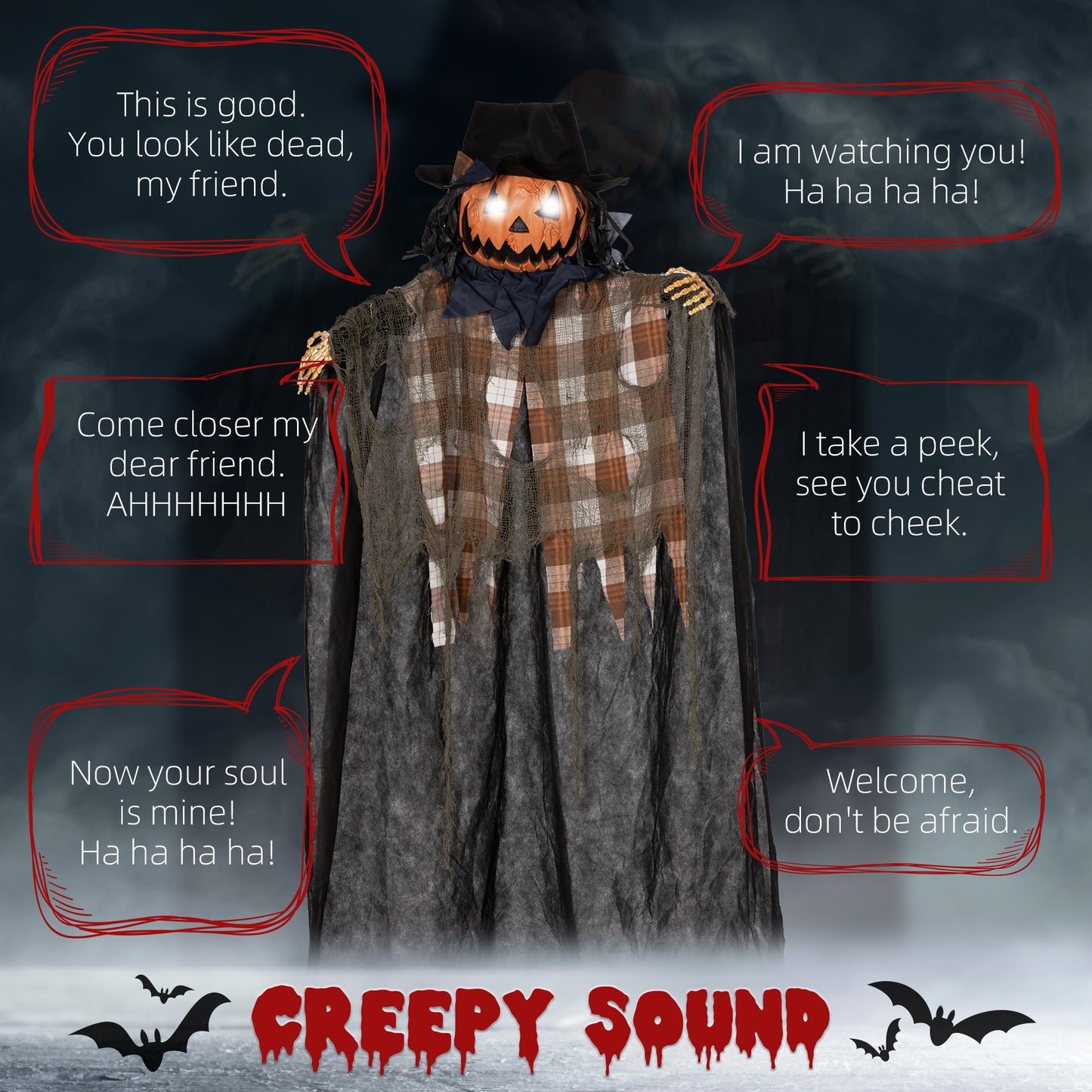 Scarecrow with pumpkin head and glowing eyes wearing plaid shirt and tattered cloak