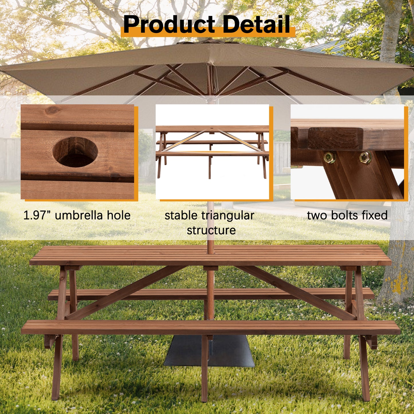 Wooden picnic table with integrated umbrella hole and benches perfect for outdoor gatherings