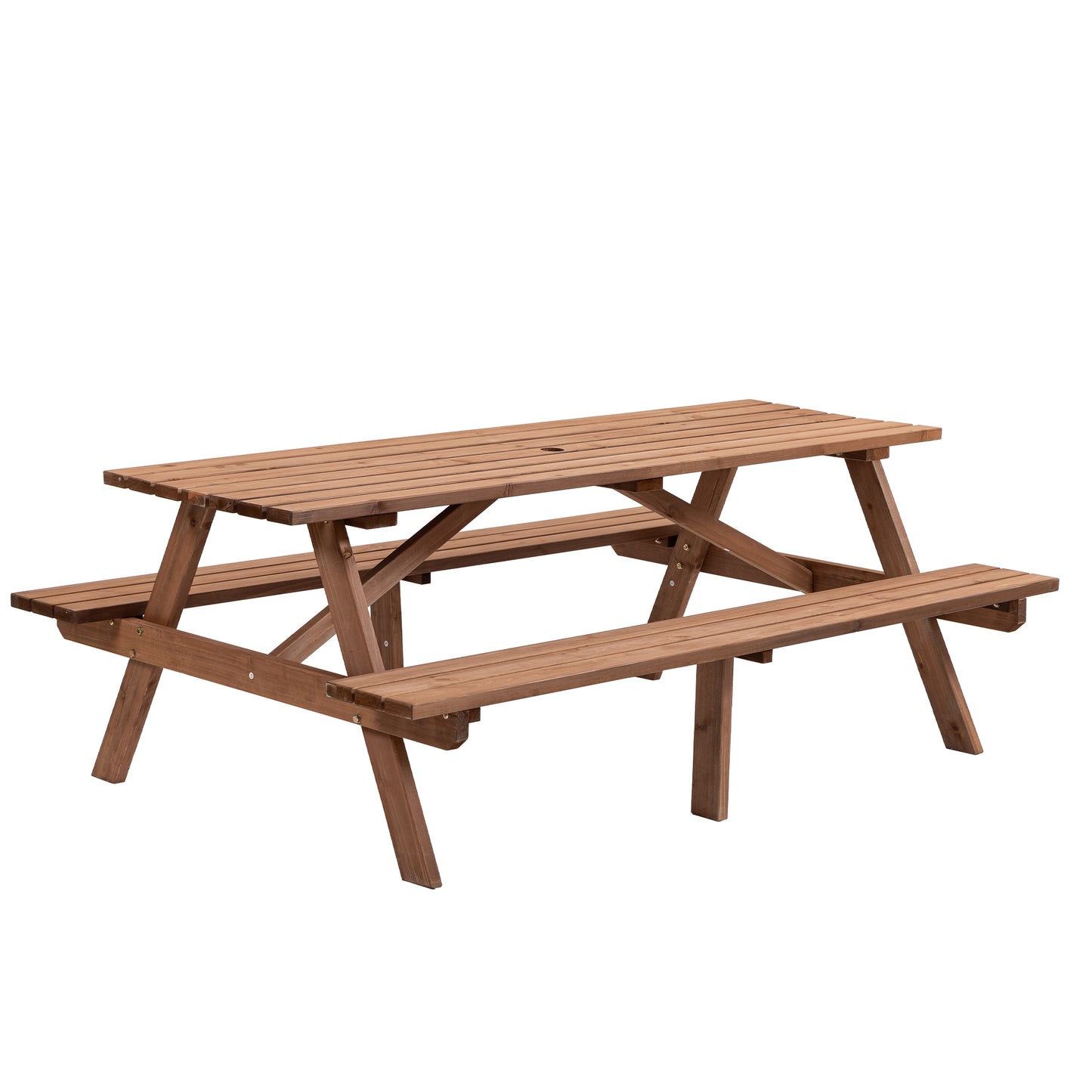Wooden picnic table with attached benches ideal for outdoor dining and seating